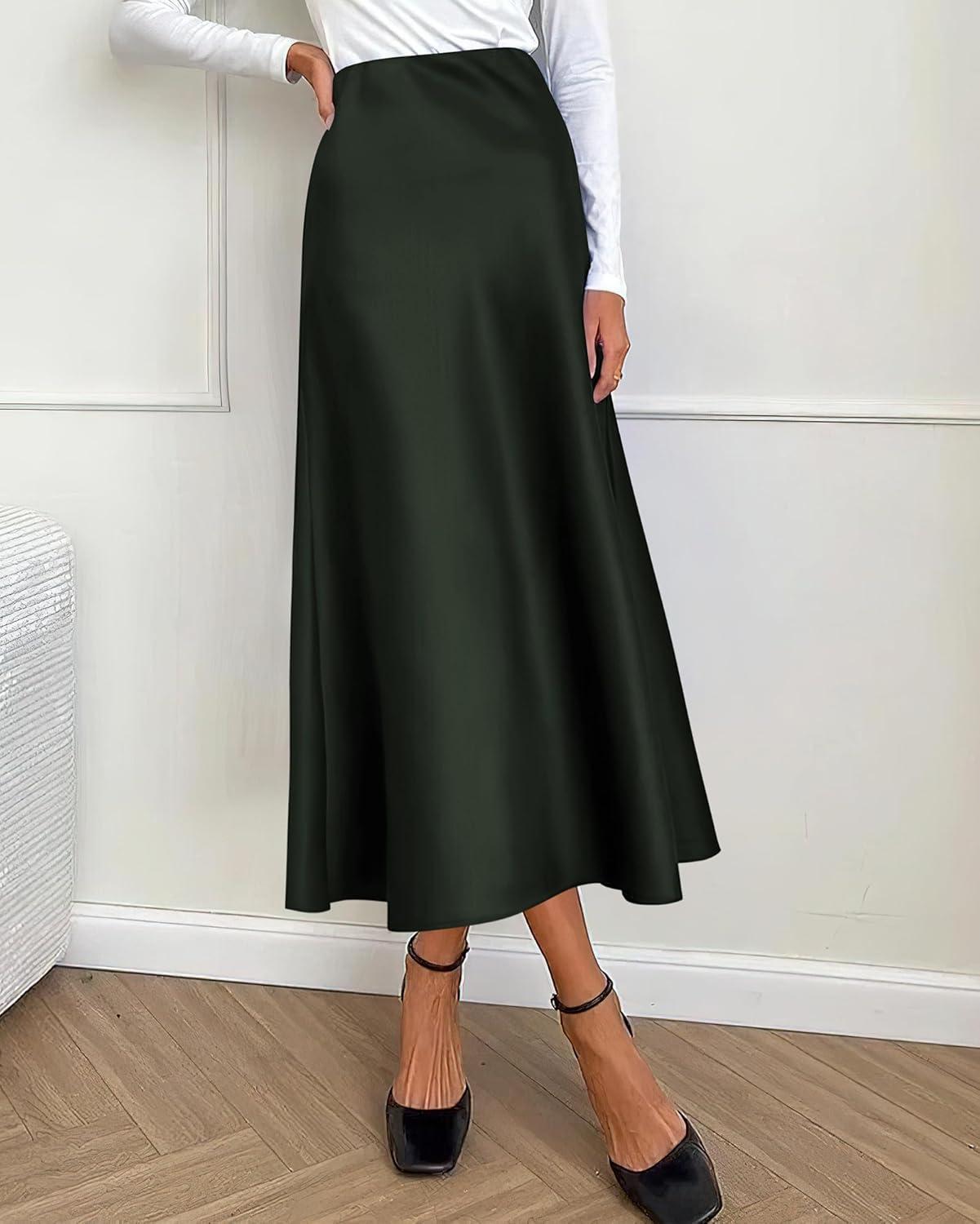imageBTFBM 2025 Womens Summer Fall Long Satin Skirt Silk Elegant High Waist Cocktail Party Wedding Flowy ALine Midi SkirtsDark Army Green