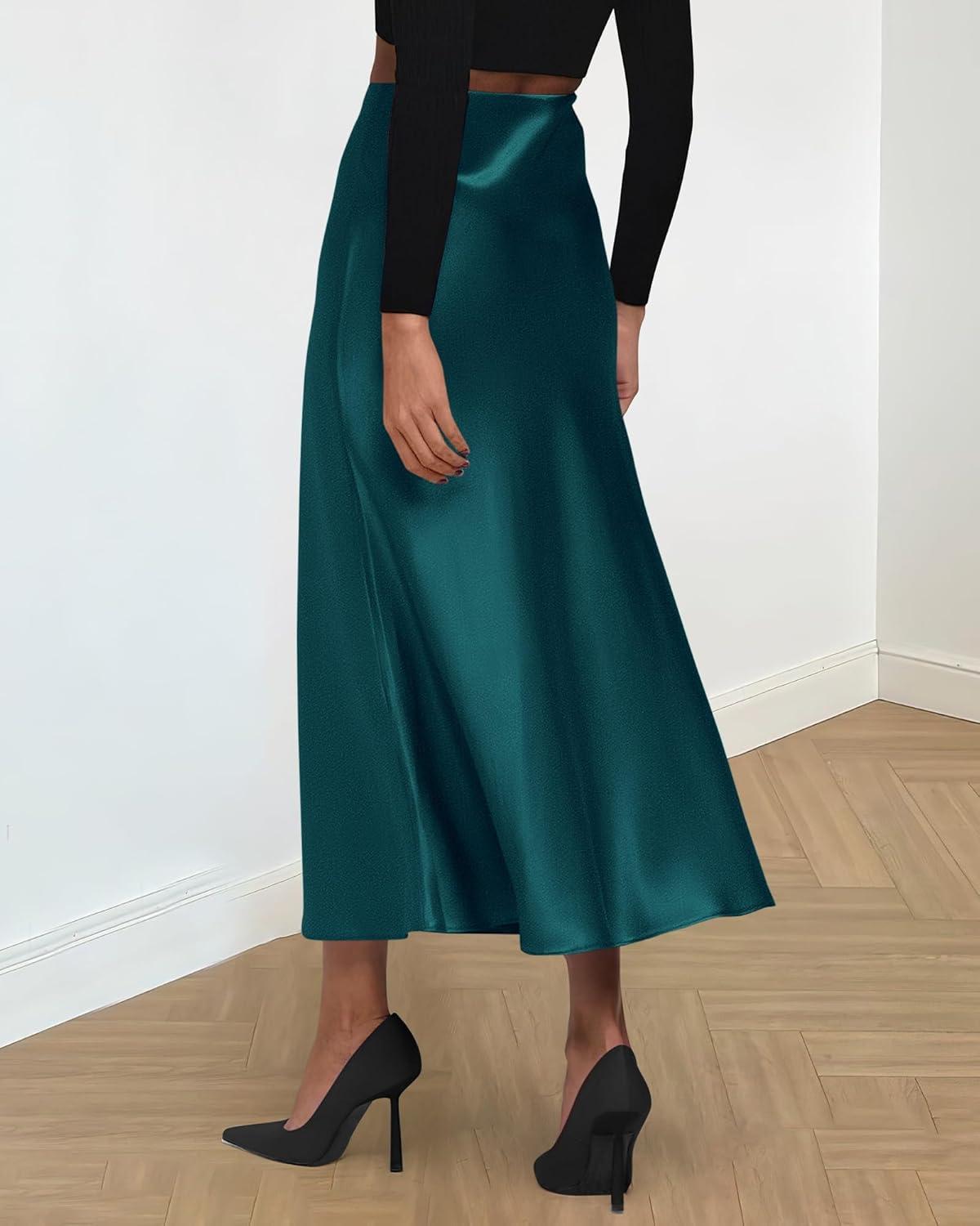 imageBTFBM 2025 Womens Summer Fall Long Satin Skirt Silk Elegant High Waist Cocktail Party Wedding Flowy ALine Midi SkirtsDark Blue