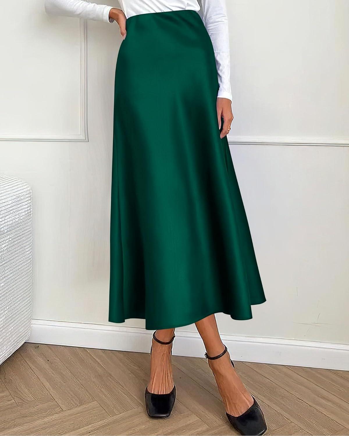 imageBTFBM 2025 Womens Summer Fall Long Satin Skirt Silk Elegant High Waist Cocktail Party Wedding Flowy ALine Midi SkirtsDark Green