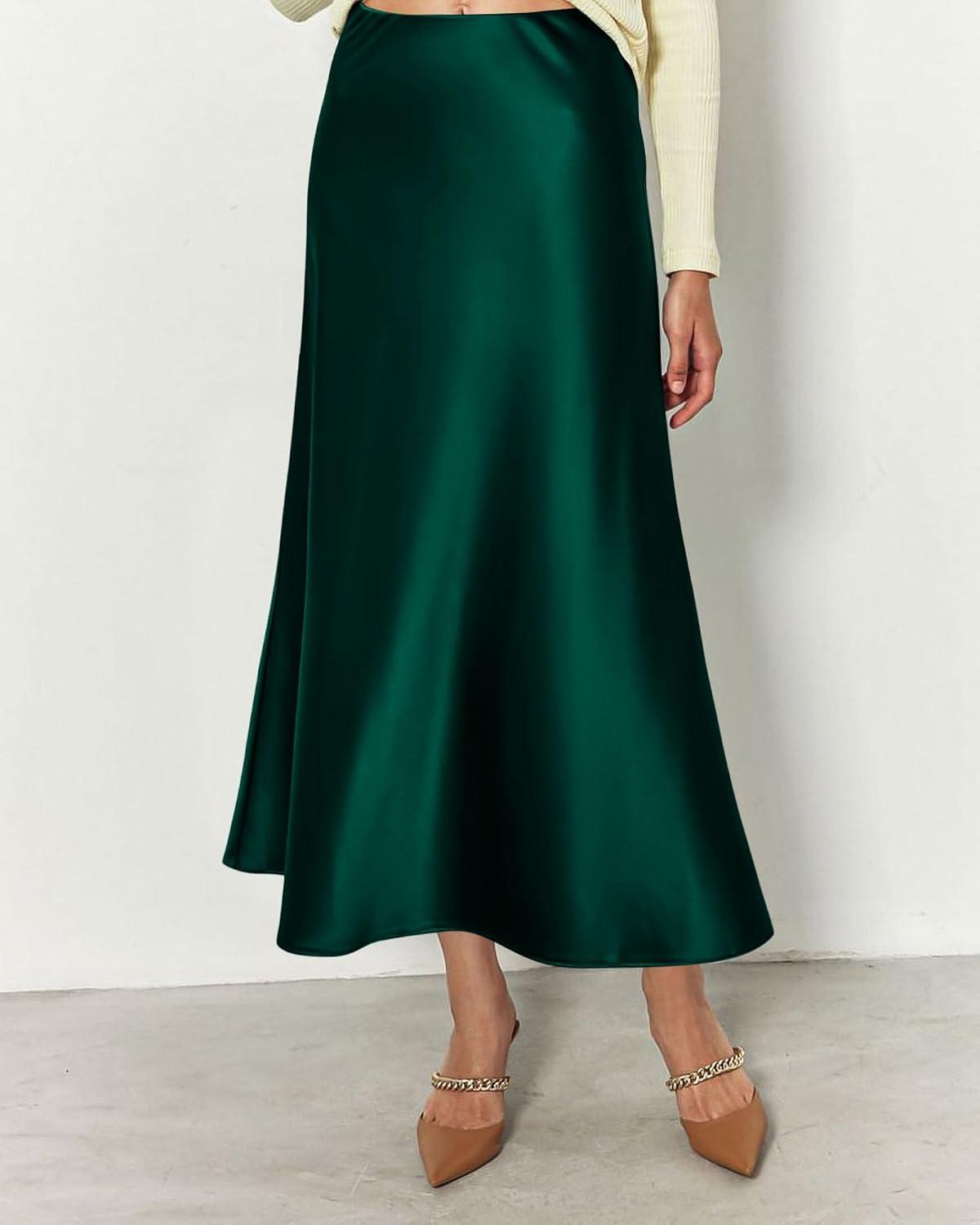 imageBTFBM 2025 Womens Summer Fall Long Satin Skirt Silk Elegant High Waist Cocktail Party Wedding Flowy ALine Midi SkirtsDark Green