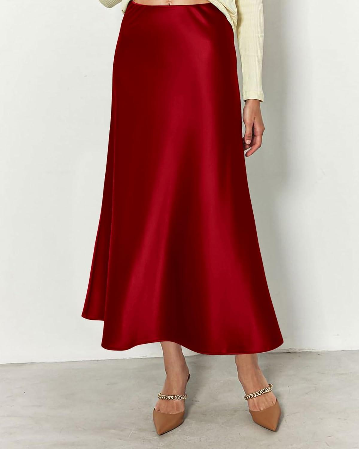 imageBTFBM 2025 Womens Summer Fall Long Satin Skirt Silk Elegant High Waist Cocktail Party Wedding Flowy ALine Midi SkirtsDark Red