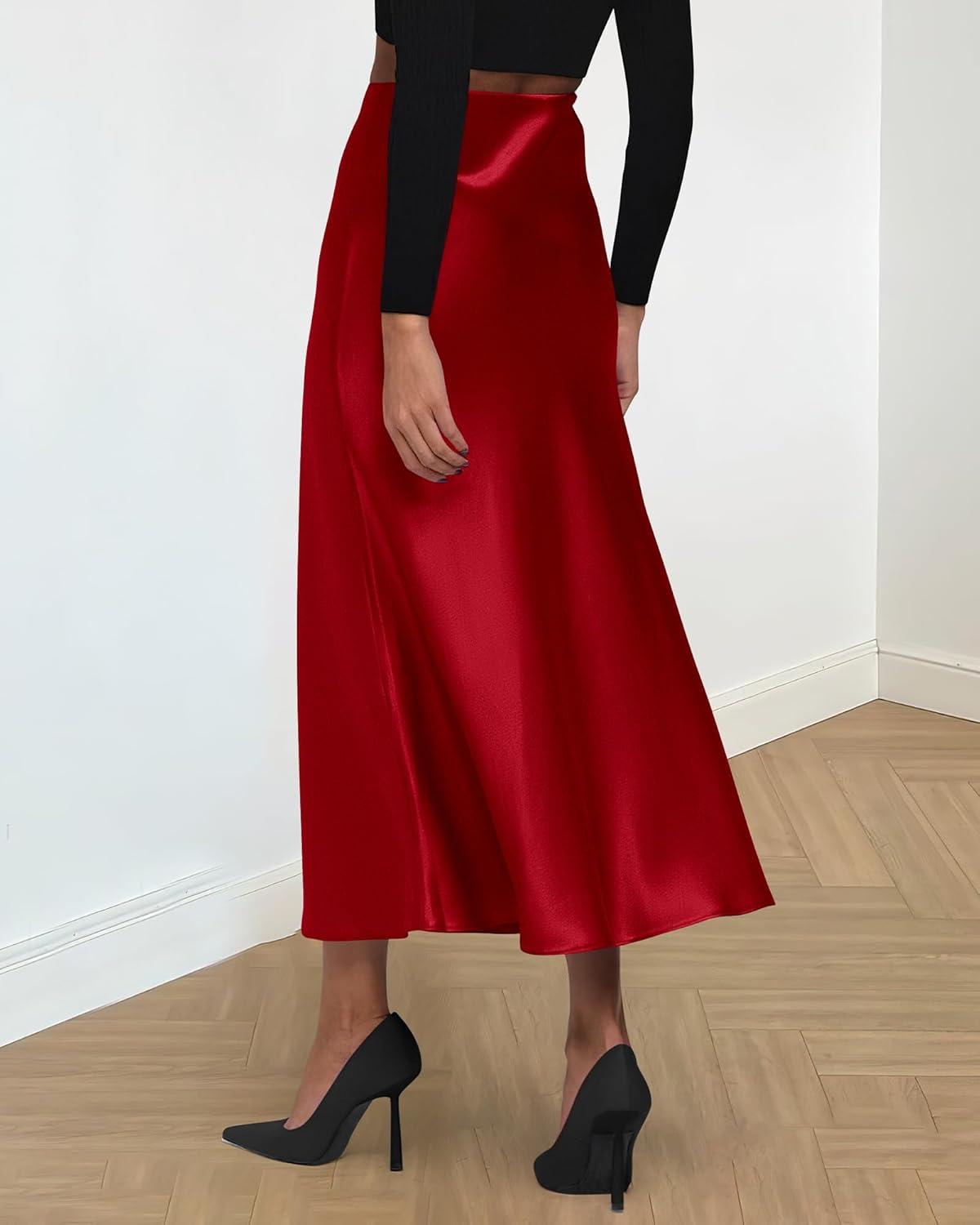 imageBTFBM 2025 Womens Summer Fall Long Satin Skirt Silk Elegant High Waist Cocktail Party Wedding Flowy ALine Midi SkirtsDark Red