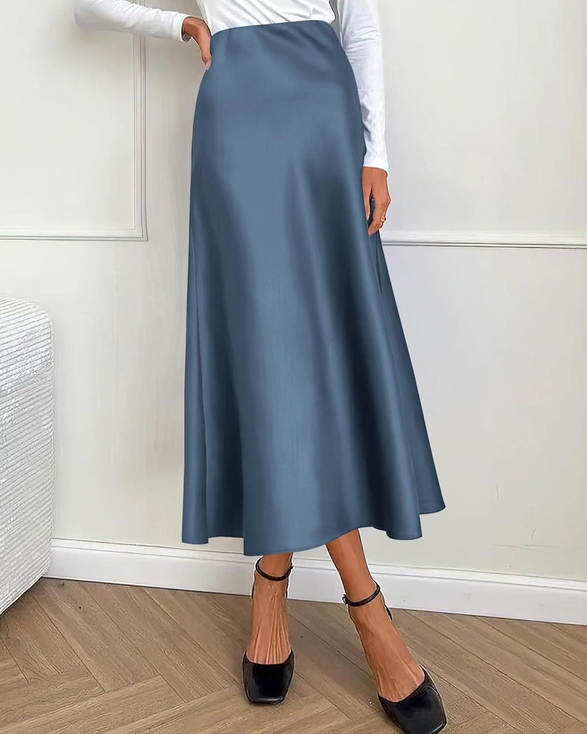 imageBTFBM 2025 Womens Summer Fall Long Satin Skirt Silk Elegant High Waist Cocktail Party Wedding Flowy ALine Midi SkirtsGrey Blue