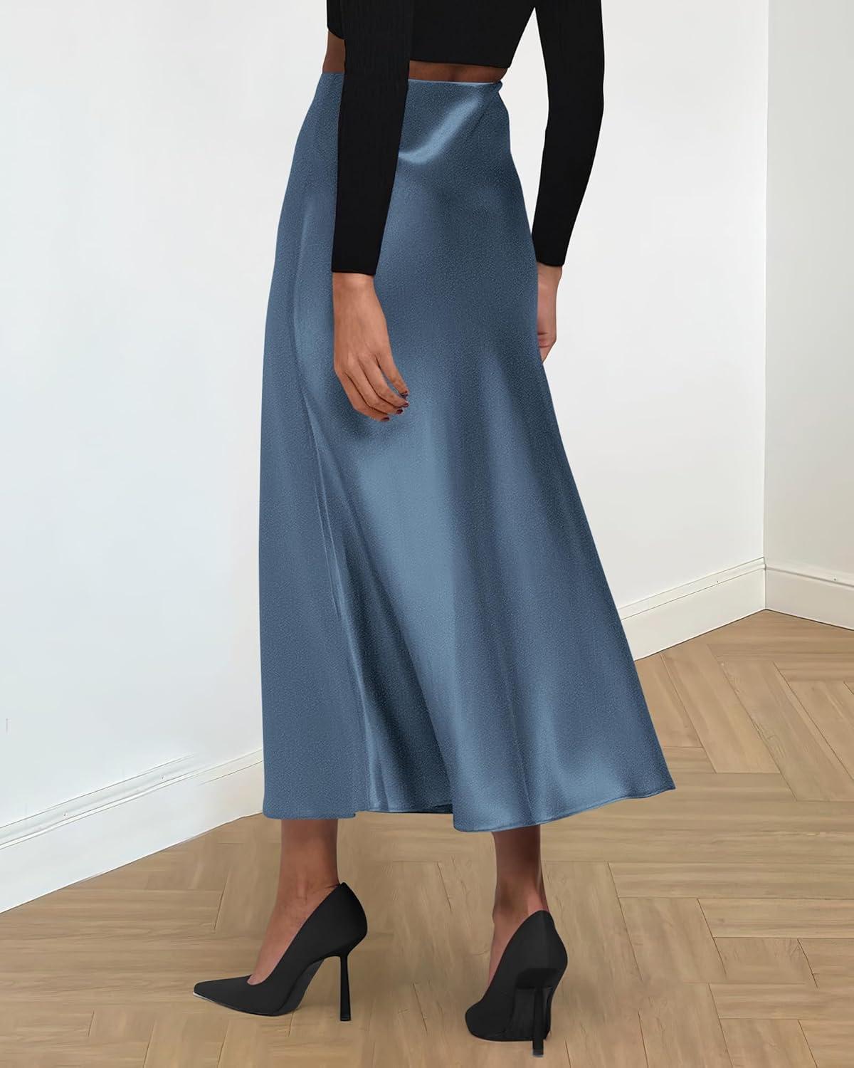 imageBTFBM 2025 Womens Summer Fall Long Satin Skirt Silk Elegant High Waist Cocktail Party Wedding Flowy ALine Midi SkirtsGrey Blue