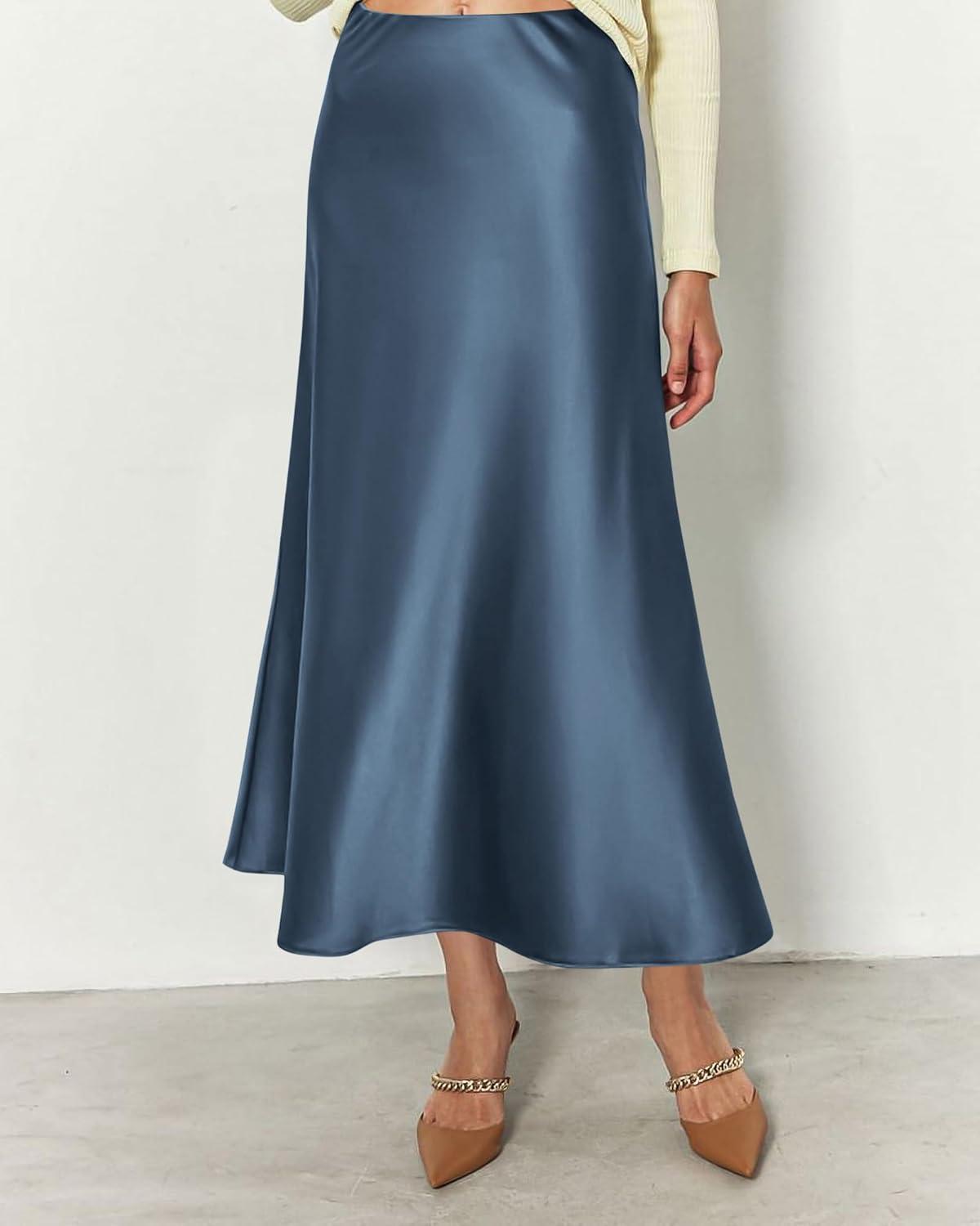 imageBTFBM 2025 Womens Summer Fall Long Satin Skirt Silk Elegant High Waist Cocktail Party Wedding Flowy ALine Midi SkirtsGrey Blue