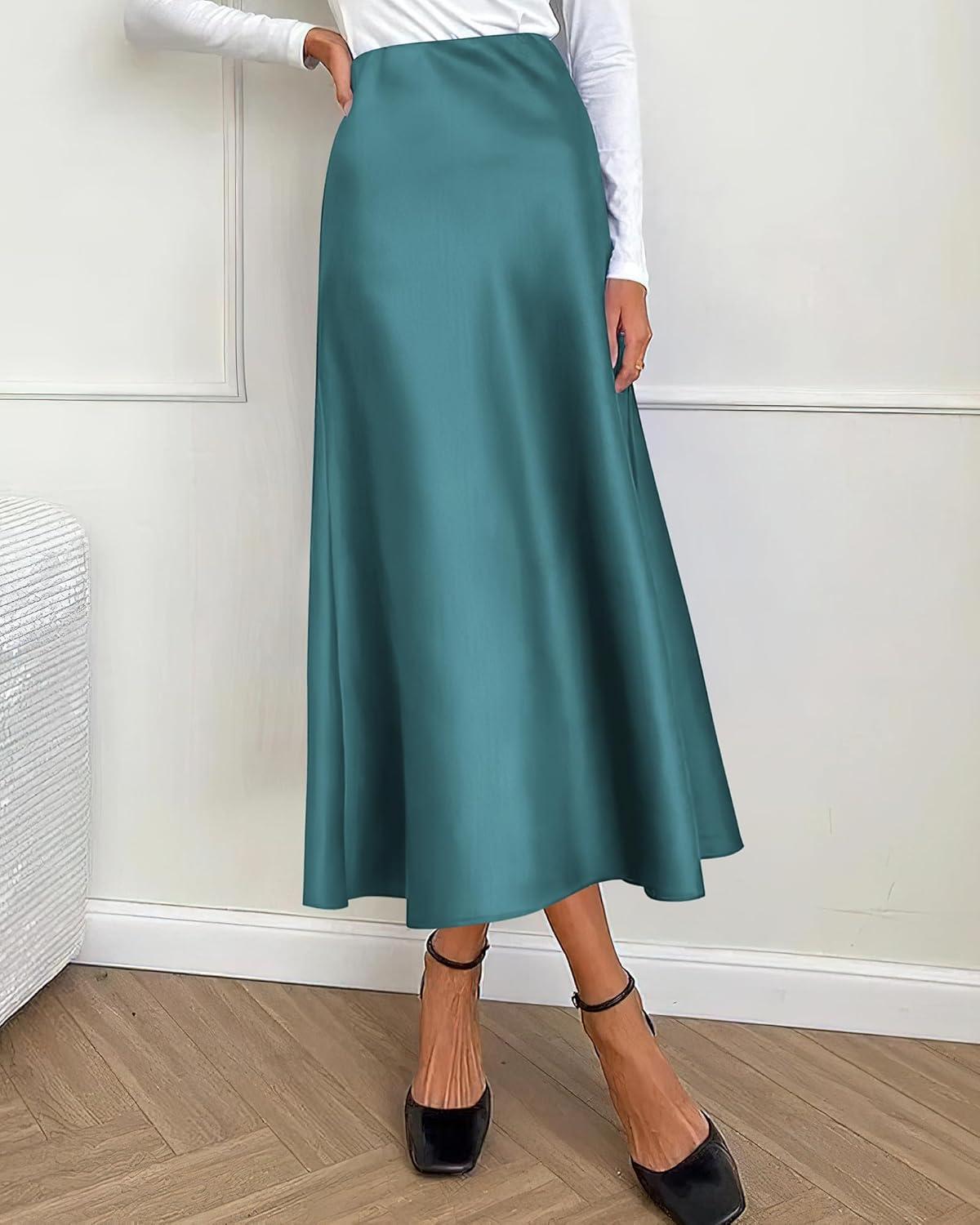 imageBTFBM 2025 Womens Summer Fall Long Satin Skirt Silk Elegant High Waist Cocktail Party Wedding Flowy ALine Midi SkirtsLake Blue