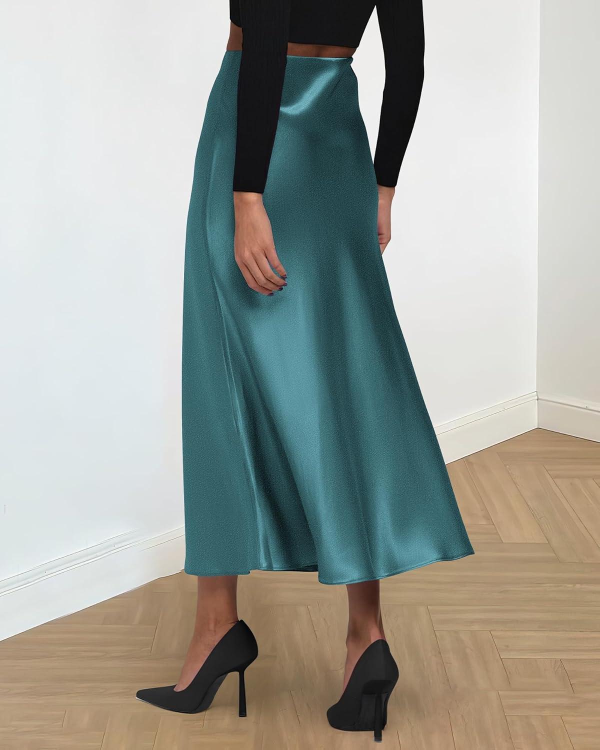 imageBTFBM 2025 Womens Summer Fall Long Satin Skirt Silk Elegant High Waist Cocktail Party Wedding Flowy ALine Midi SkirtsLake Blue