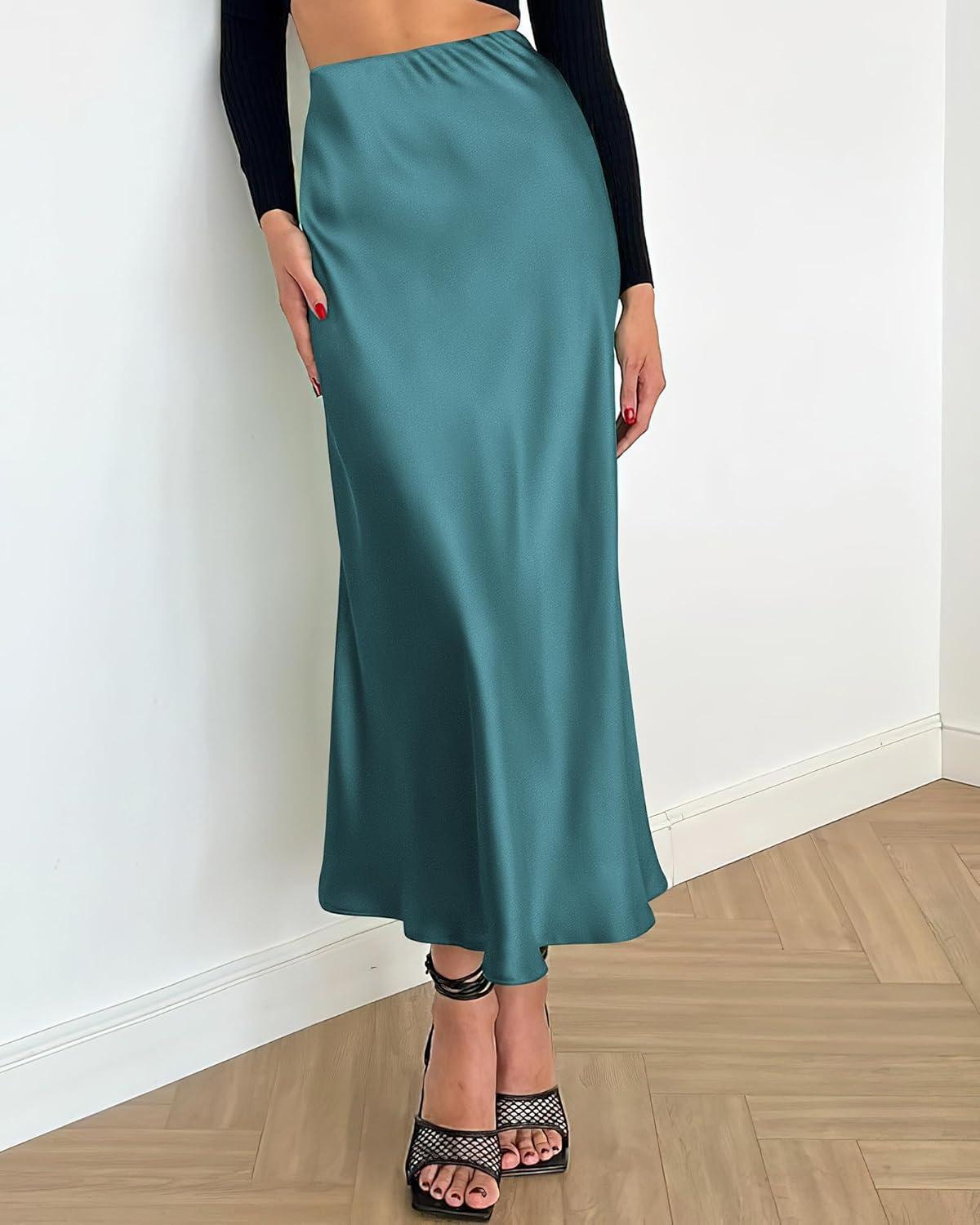 imageBTFBM 2025 Womens Summer Fall Long Satin Skirt Silk Elegant High Waist Cocktail Party Wedding Flowy ALine Midi SkirtsLake Blue