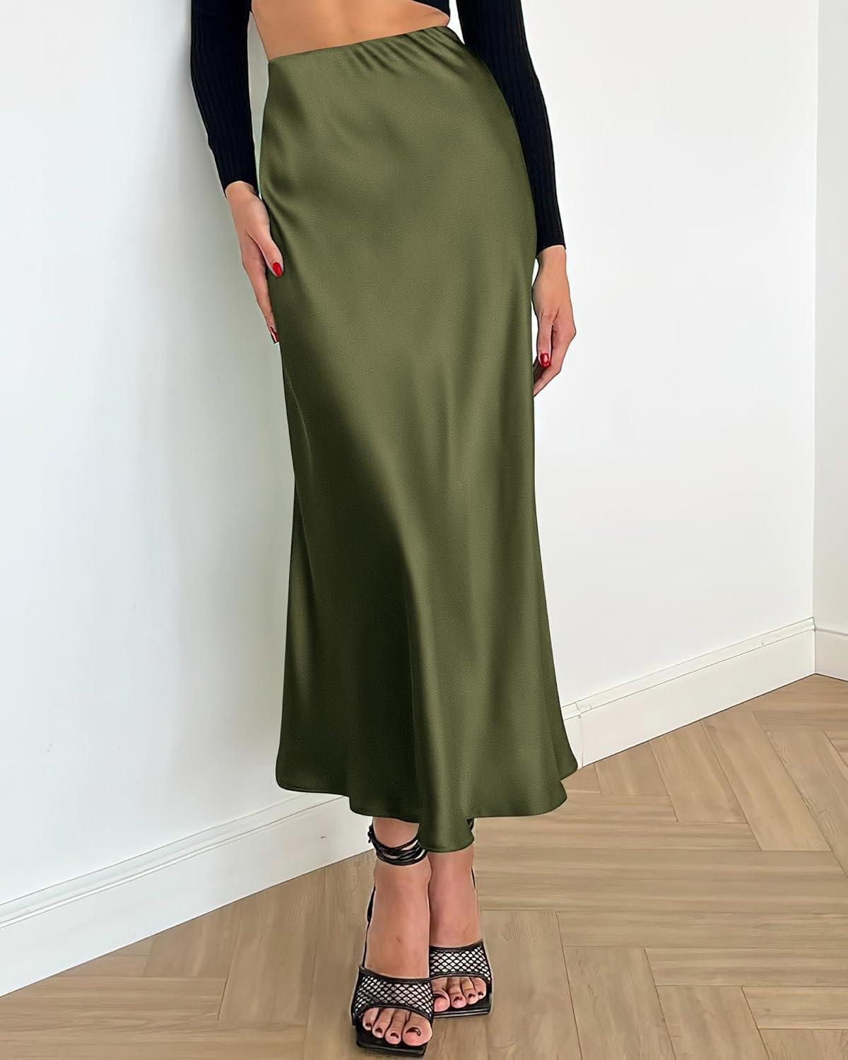 imageBTFBM 2025 Womens Summer Fall Long Satin Skirt Silk Elegant High Waist Cocktail Party Wedding Flowy ALine Midi SkirtsLight Army Green