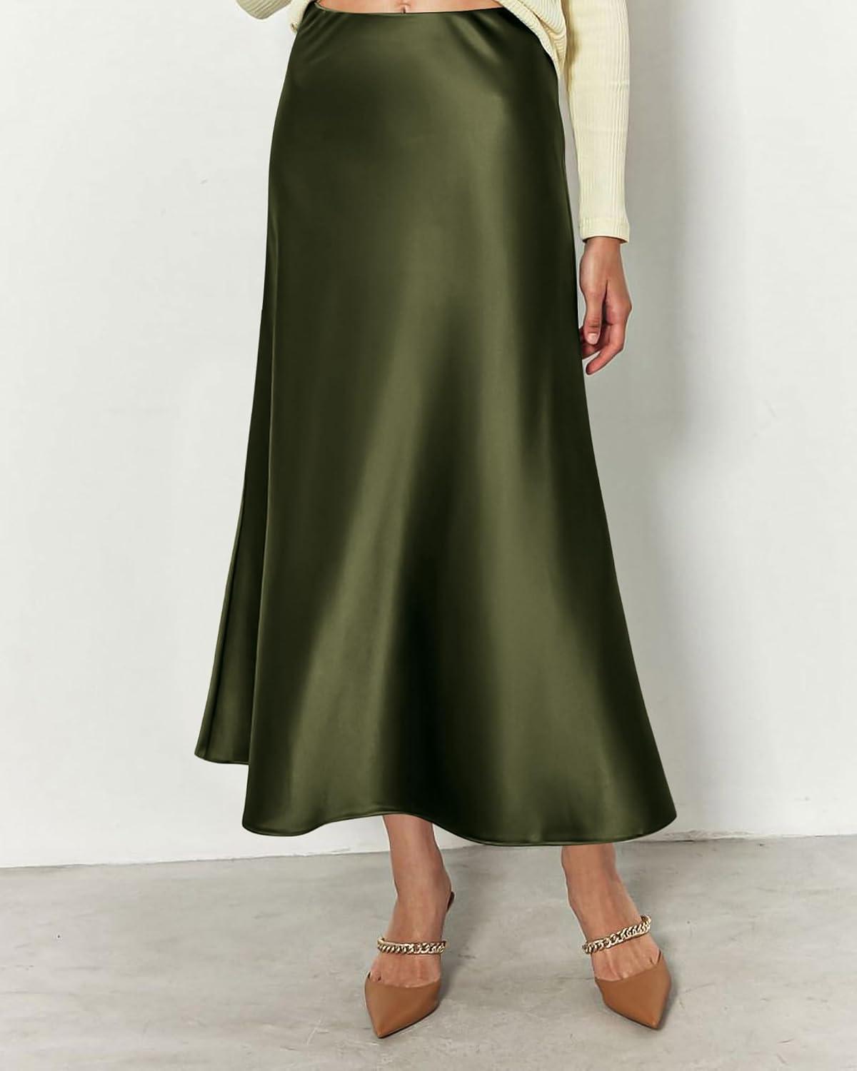 imageBTFBM 2025 Womens Summer Fall Long Satin Skirt Silk Elegant High Waist Cocktail Party Wedding Flowy ALine Midi SkirtsLight Army Green