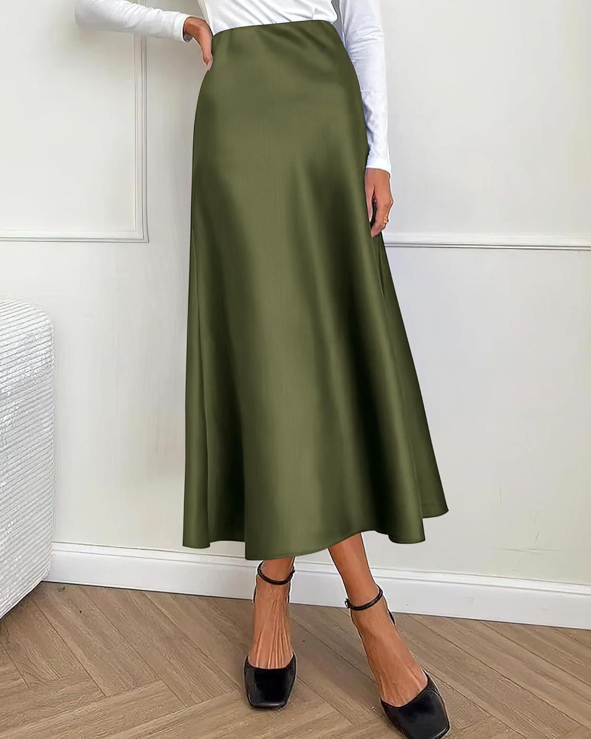 imageBTFBM 2025 Womens Summer Fall Long Satin Skirt Silk Elegant High Waist Cocktail Party Wedding Flowy ALine Midi SkirtsLight Army Green