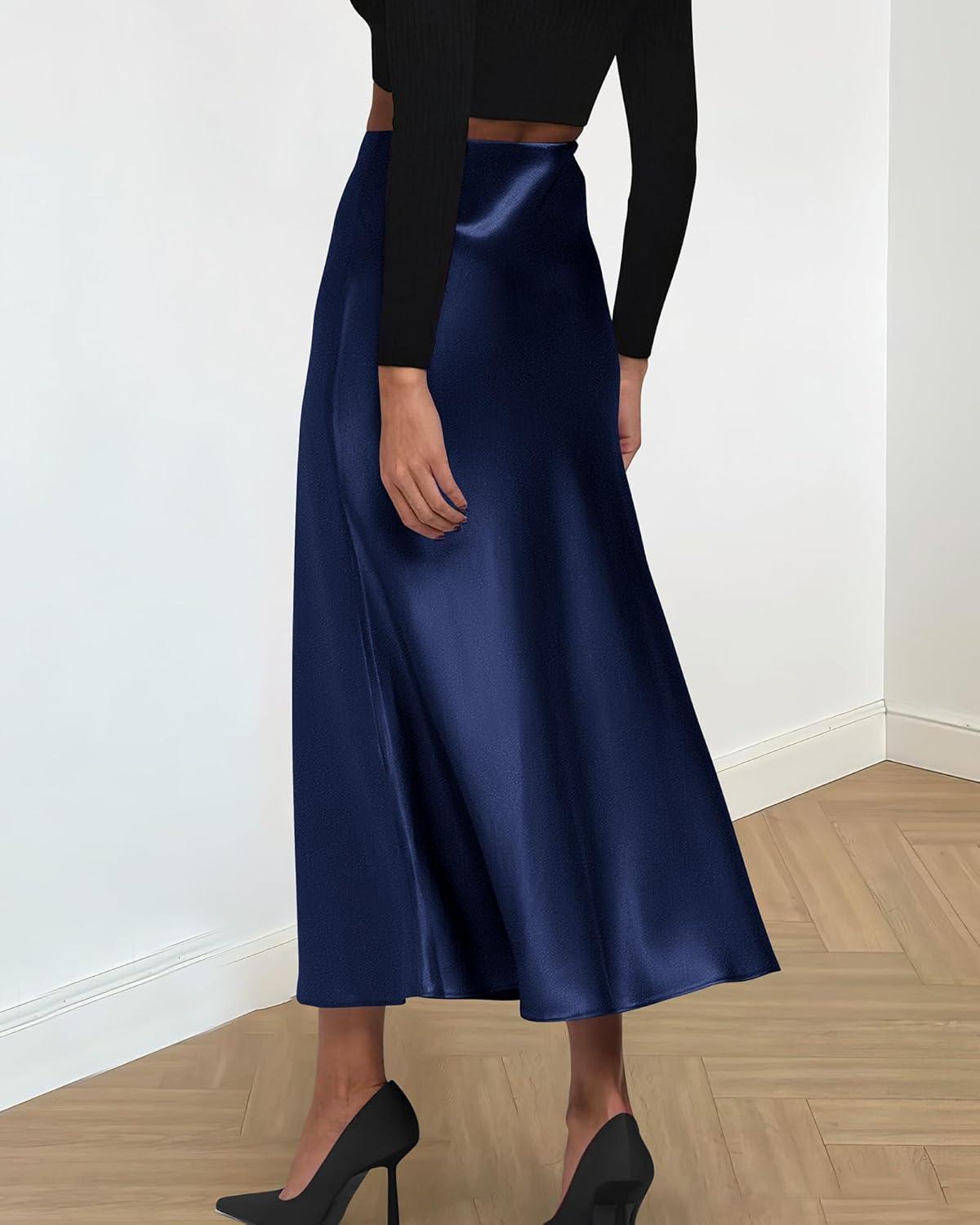imageBTFBM 2025 Womens Summer Fall Long Satin Skirt Silk Elegant High Waist Cocktail Party Wedding Flowy ALine Midi SkirtsNavy