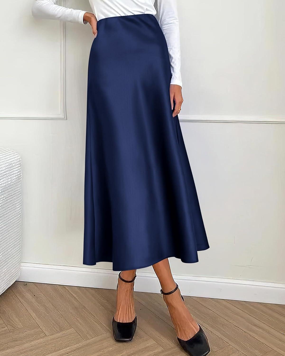 imageBTFBM 2025 Womens Summer Fall Long Satin Skirt Silk Elegant High Waist Cocktail Party Wedding Flowy ALine Midi SkirtsNavy