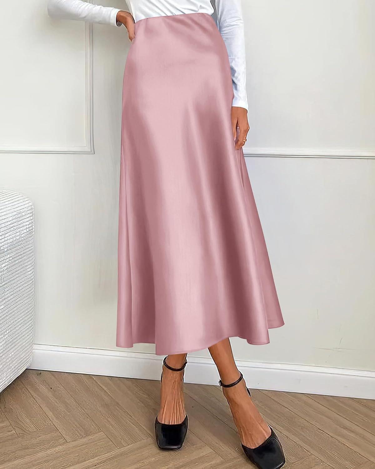 imageBTFBM 2025 Womens Summer Fall Long Satin Skirt Silk Elegant High Waist Cocktail Party Wedding Flowy ALine Midi SkirtsPink