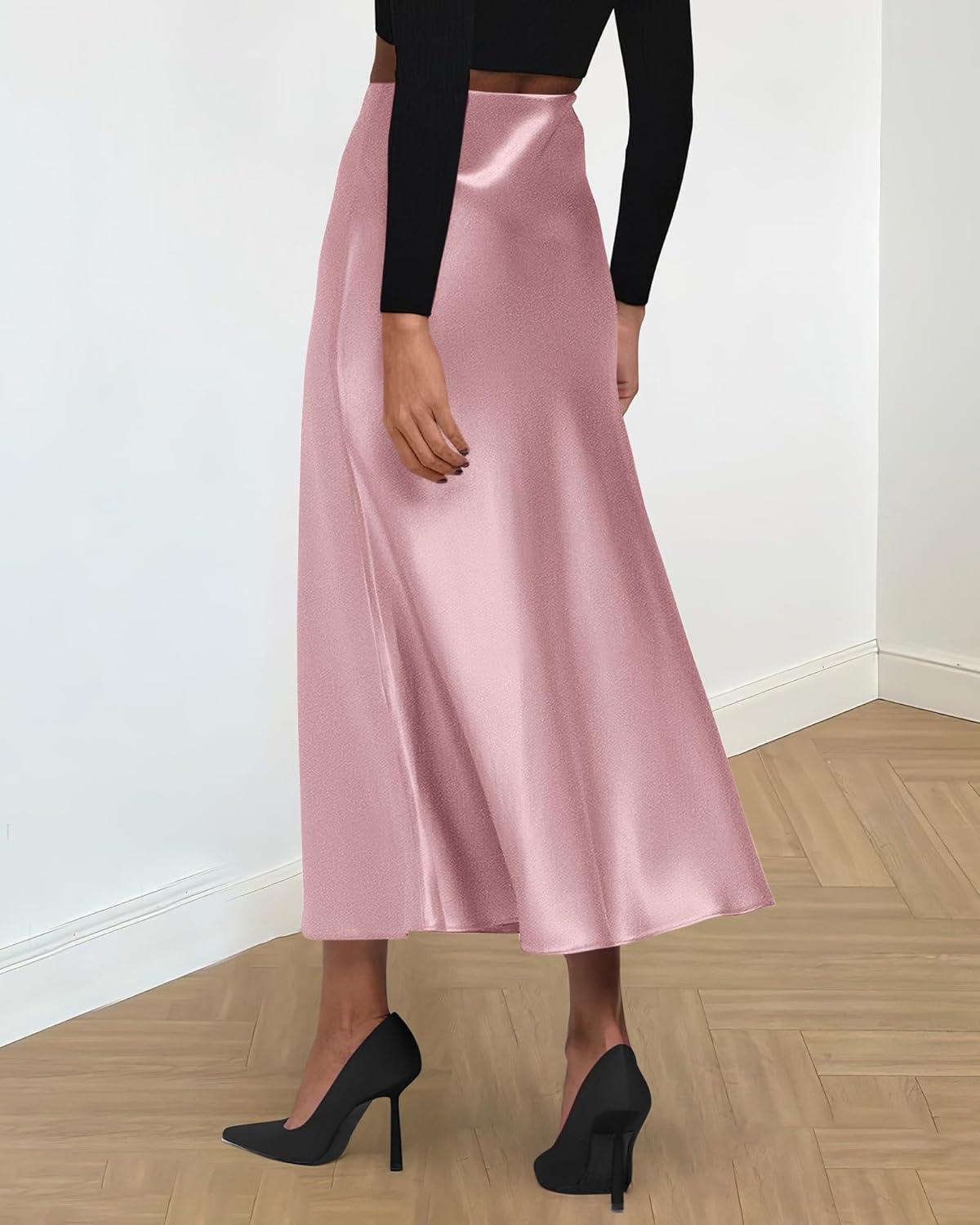 imageBTFBM 2025 Womens Summer Fall Long Satin Skirt Silk Elegant High Waist Cocktail Party Wedding Flowy ALine Midi SkirtsPink