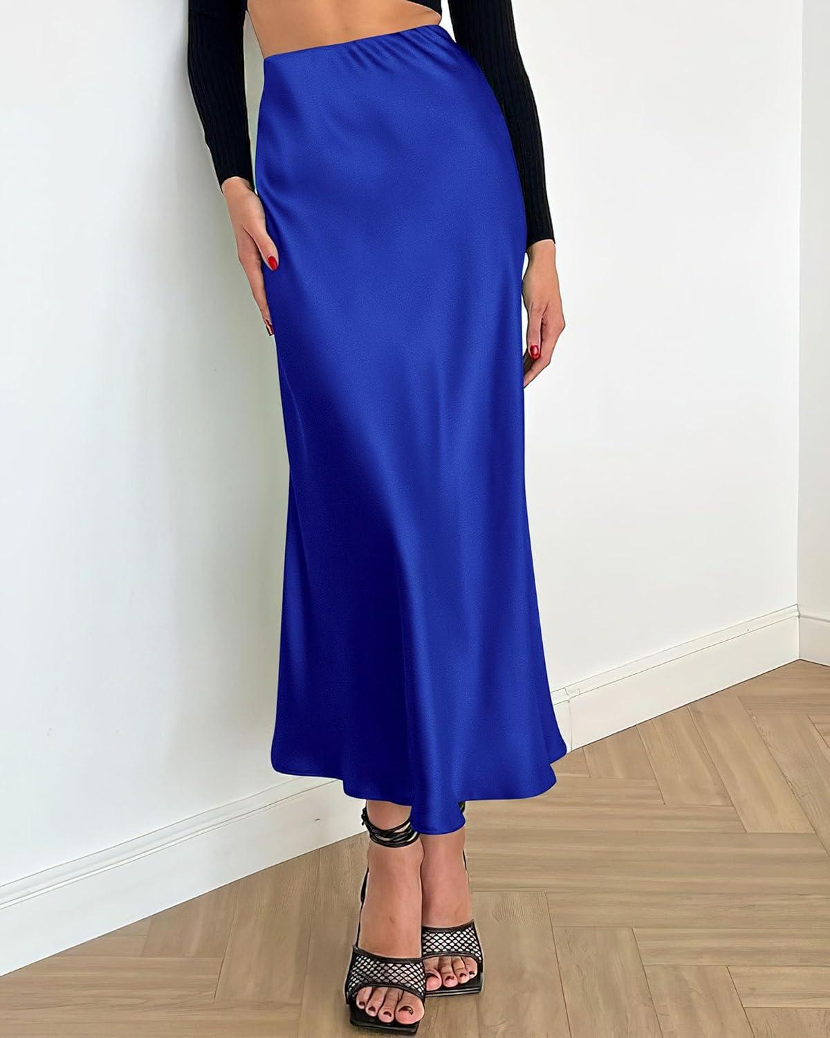 imageBTFBM 2025 Womens Summer Fall Long Satin Skirt Silk Elegant High Waist Cocktail Party Wedding Flowy ALine Midi SkirtsRoyal Blue