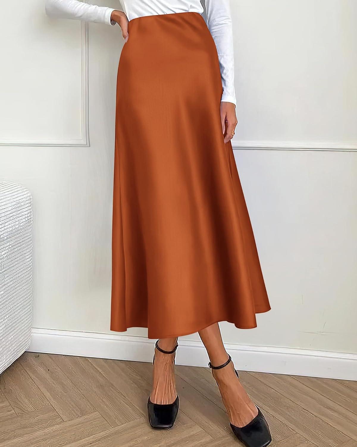 imageBTFBM 2025 Womens Summer Fall Long Satin Skirt Silk Elegant High Waist Cocktail Party Wedding Flowy ALine Midi SkirtsRust Red