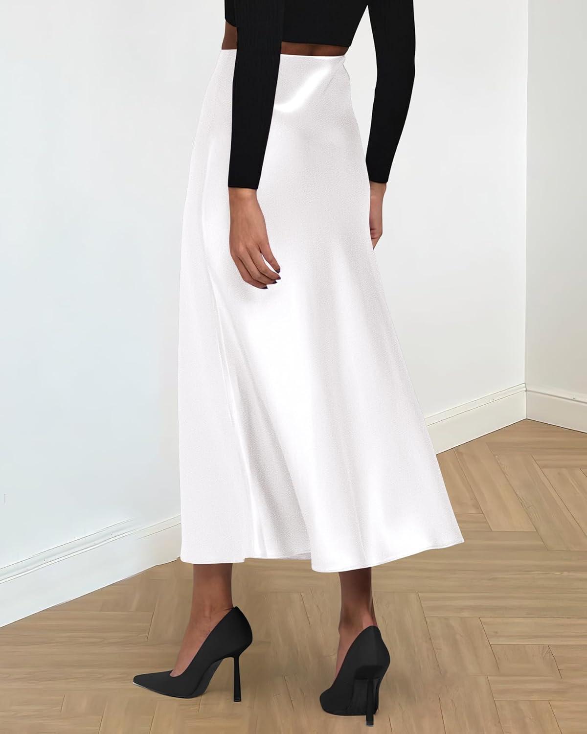 imageBTFBM 2025 Womens Summer Fall Long Satin Skirt Silk Elegant High Waist Cocktail Party Wedding Flowy ALine Midi SkirtsWhite