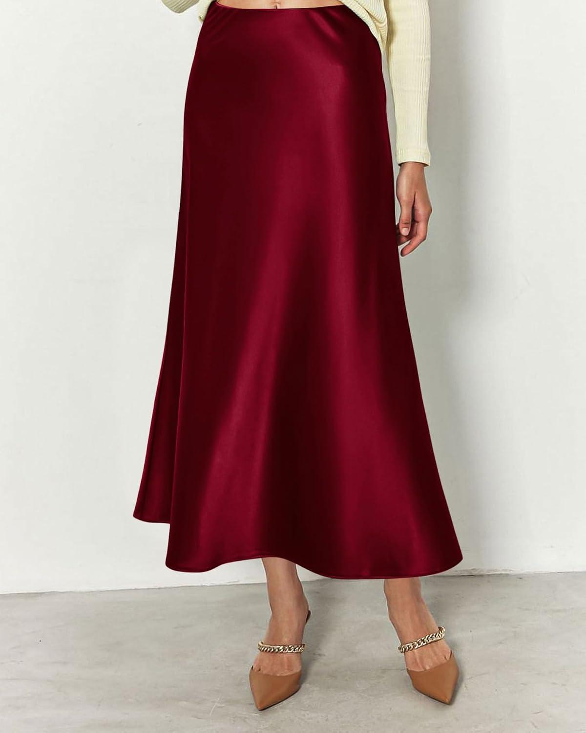 imageBTFBM 2025 Womens Summer Fall Long Satin Skirt Silk Elegant High Waist Cocktail Party Wedding Flowy ALine Midi SkirtsWine Red