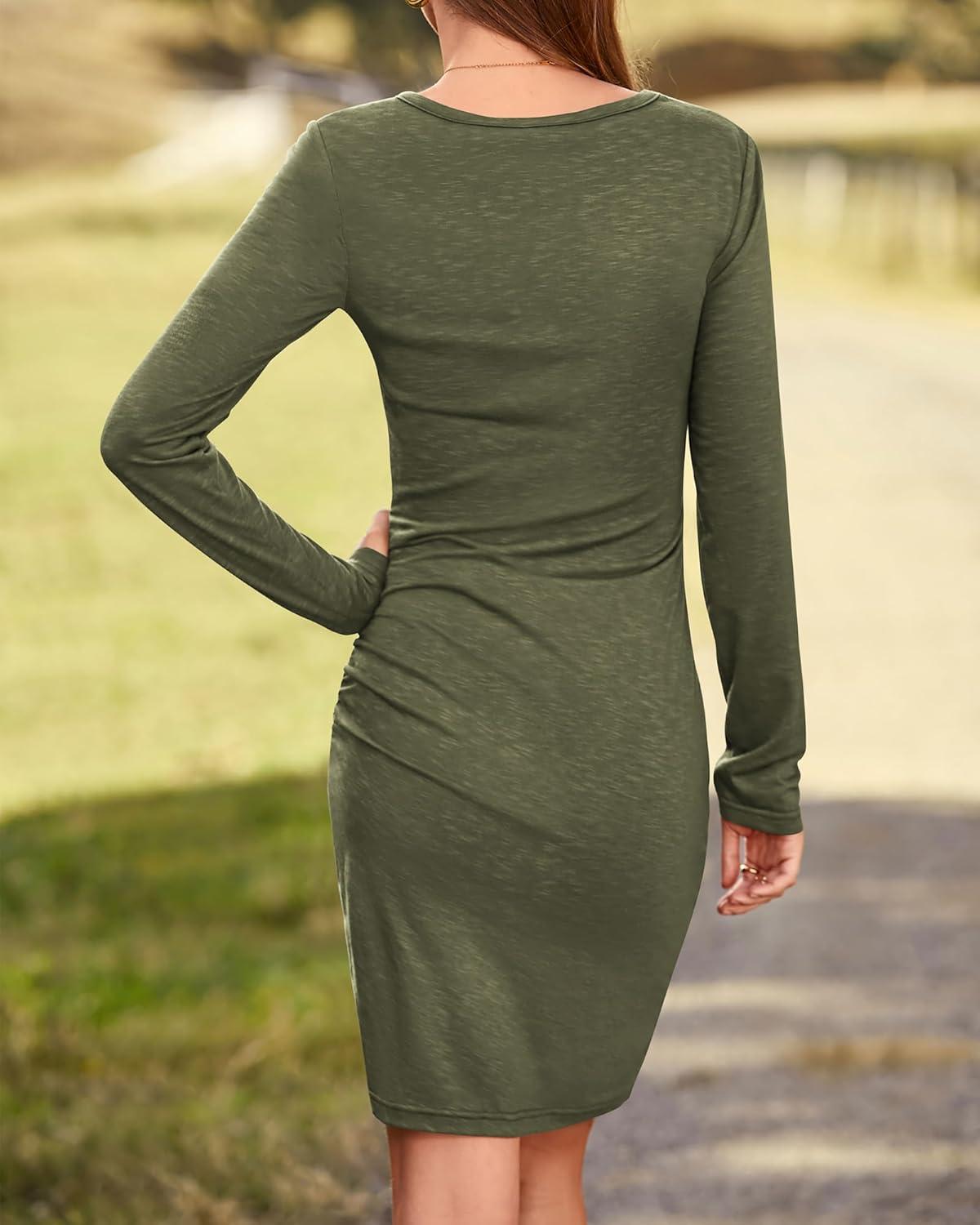 imageBTFBM Fall Dresses for Women 2025 Basic Casual Crew Neck Long Sleeve Ruched Bodycon Short T Shirt Dress Wedding GuestArmy Green