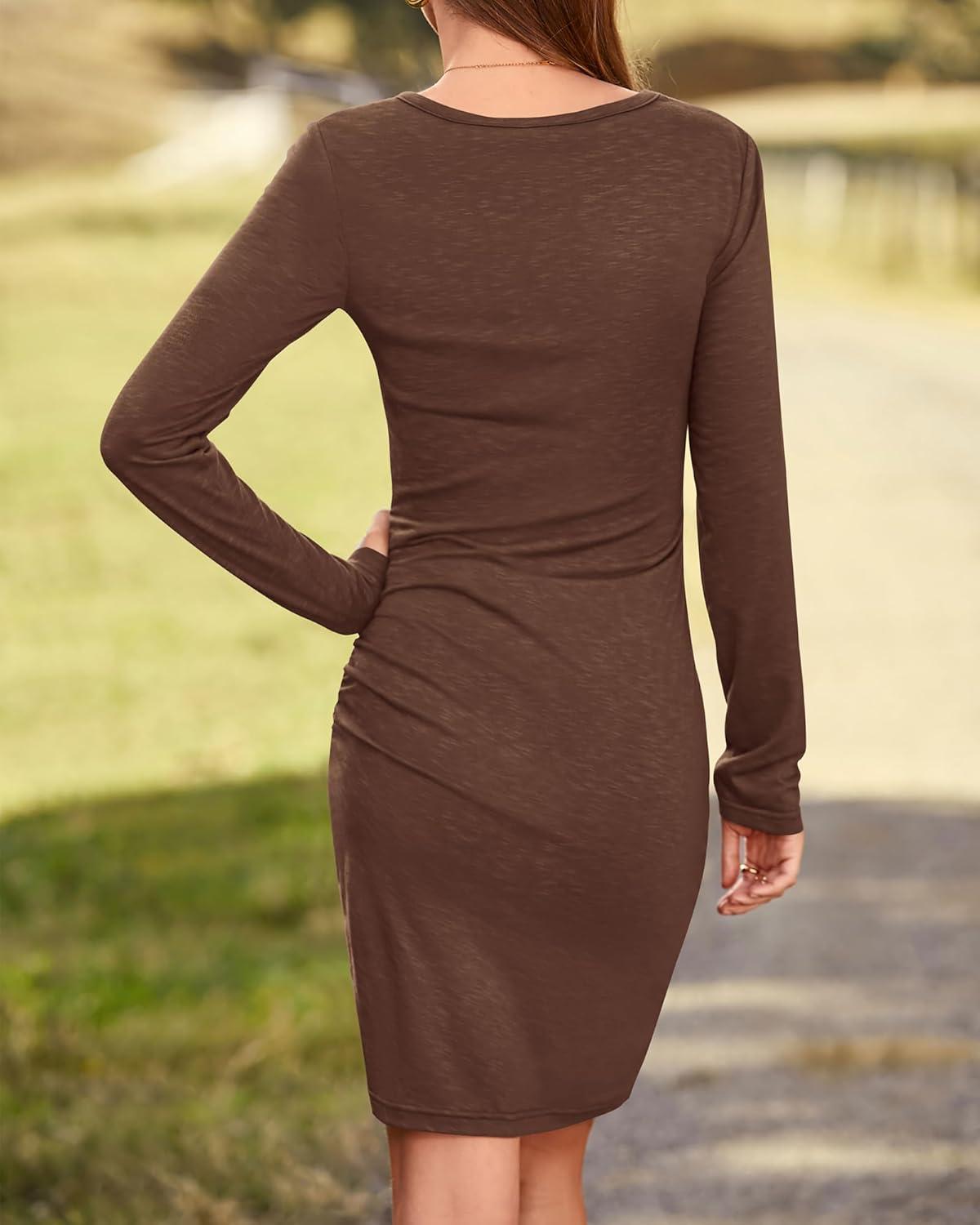 imageBTFBM Fall Dresses for Women 2025 Basic Casual Crew Neck Long Sleeve Ruched Bodycon Short T Shirt Dress Wedding GuestDark Brown