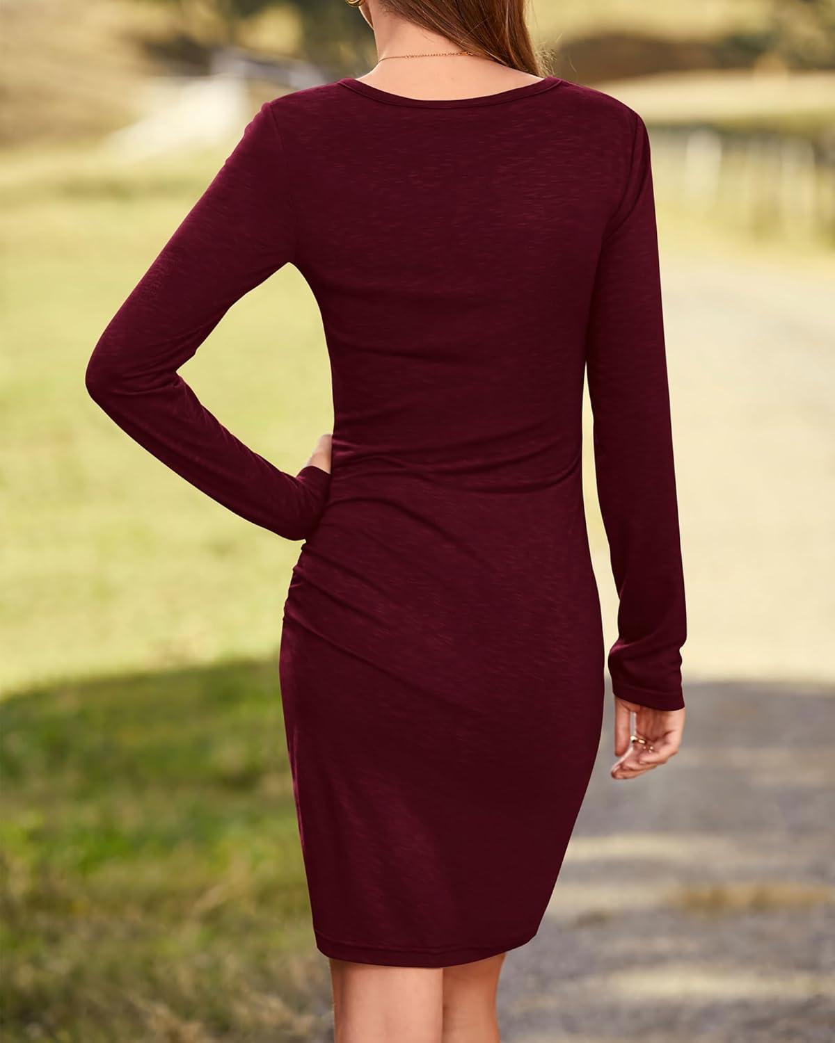 imageBTFBM Fall Dresses for Women 2025 Basic Casual Crew Neck Long Sleeve Ruched Bodycon Short T Shirt Dress Wedding GuestWine Red