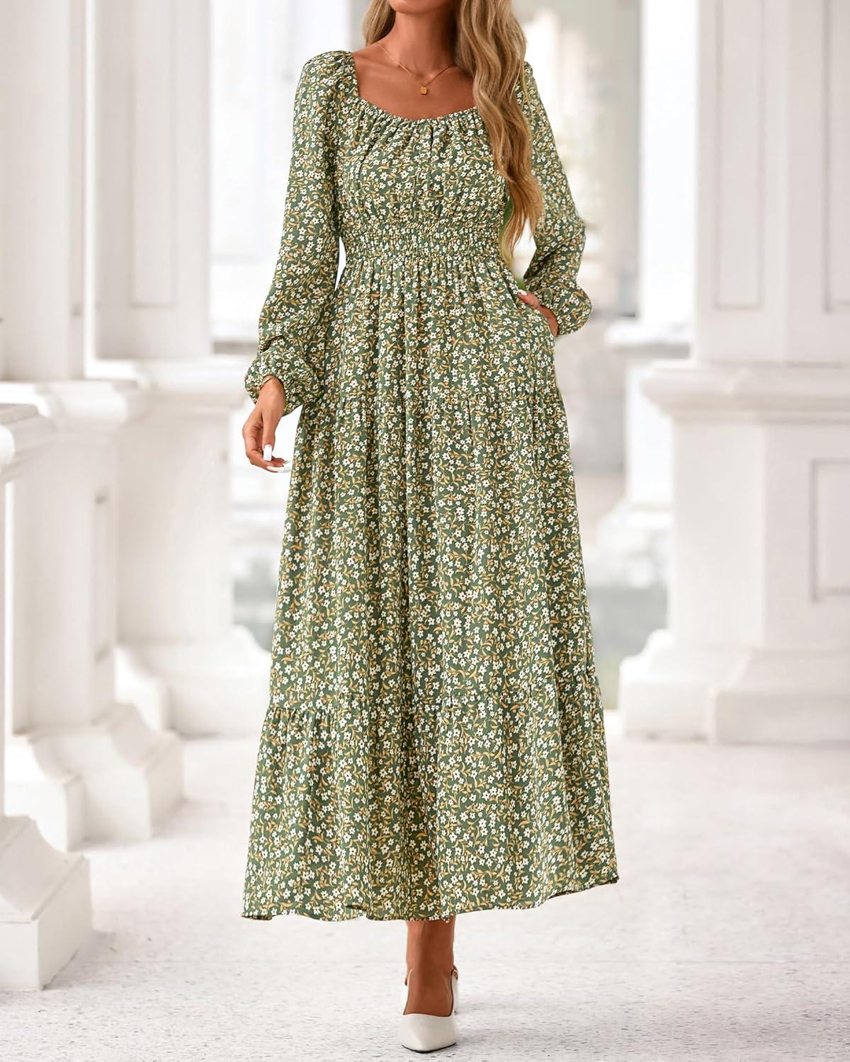 imageBTFBM Fall Dresses for Women 2025 Long Sleeve Boho Floral Empire Waist Square Neck Casual Flowy Wedding Guest Maxi DressFloral Army Green