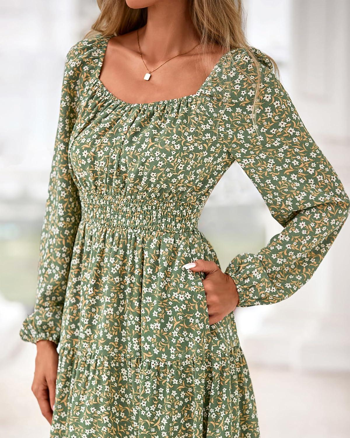 imageBTFBM Fall Dresses for Women 2025 Long Sleeve Boho Floral Empire Waist Square Neck Casual Flowy Wedding Guest Maxi DressFloral Army Green