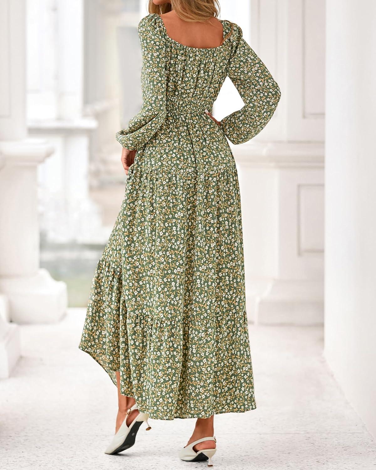 imageBTFBM Fall Dresses for Women 2025 Long Sleeve Boho Floral Empire Waist Square Neck Casual Flowy Wedding Guest Maxi DressFloral Army Green