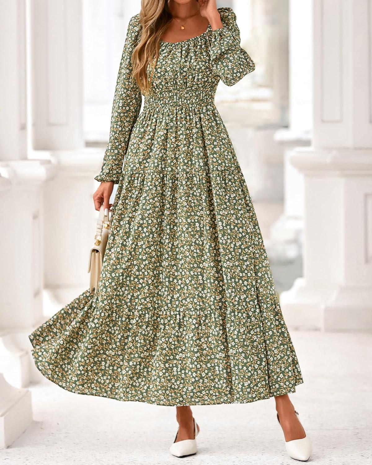 imageBTFBM Fall Dresses for Women 2025 Long Sleeve Boho Floral Empire Waist Square Neck Casual Flowy Wedding Guest Maxi DressFloral Army Green