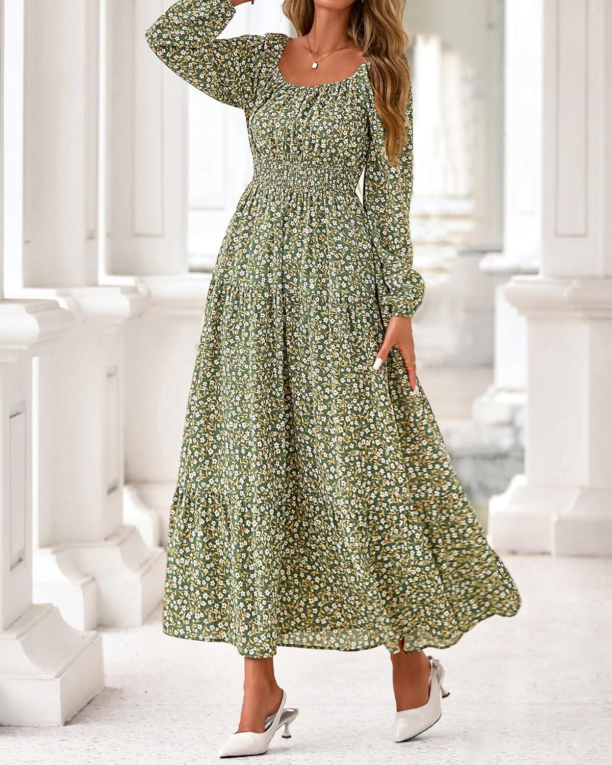 imageBTFBM Fall Dresses for Women 2025 Long Sleeve Boho Floral Empire Waist Square Neck Casual Flowy Wedding Guest Maxi DressFloral Army Green