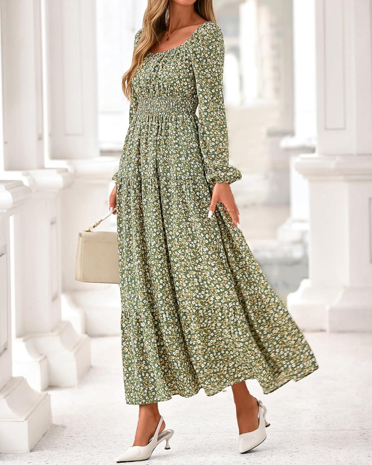 imageBTFBM Fall Dresses for Women 2025 Long Sleeve Boho Floral Empire Waist Square Neck Casual Flowy Wedding Guest Maxi DressFloral Army Green