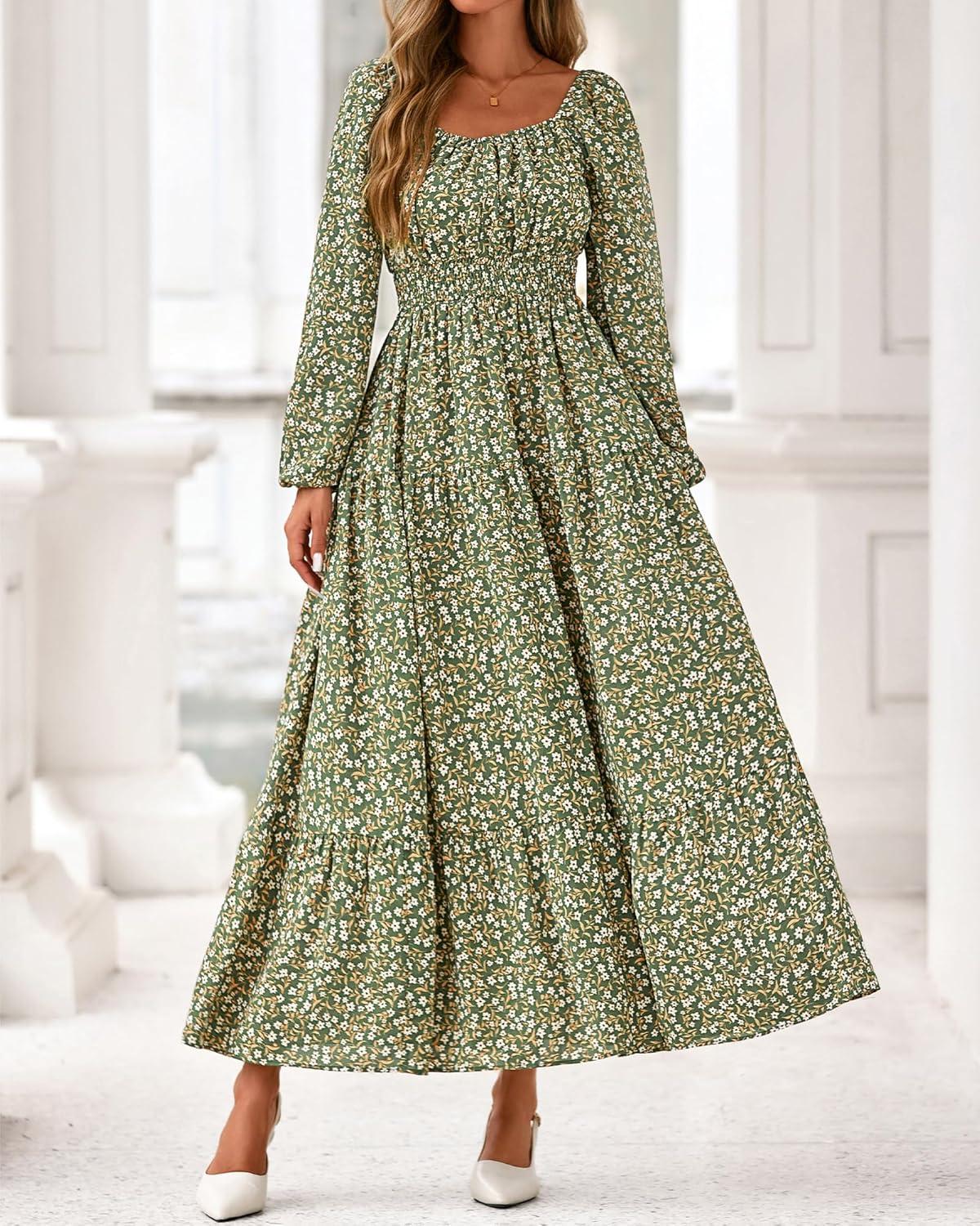 imageBTFBM Fall Dresses for Women 2025 Long Sleeve Boho Floral Empire Waist Square Neck Casual Flowy Wedding Guest Maxi DressFloral Army Green
