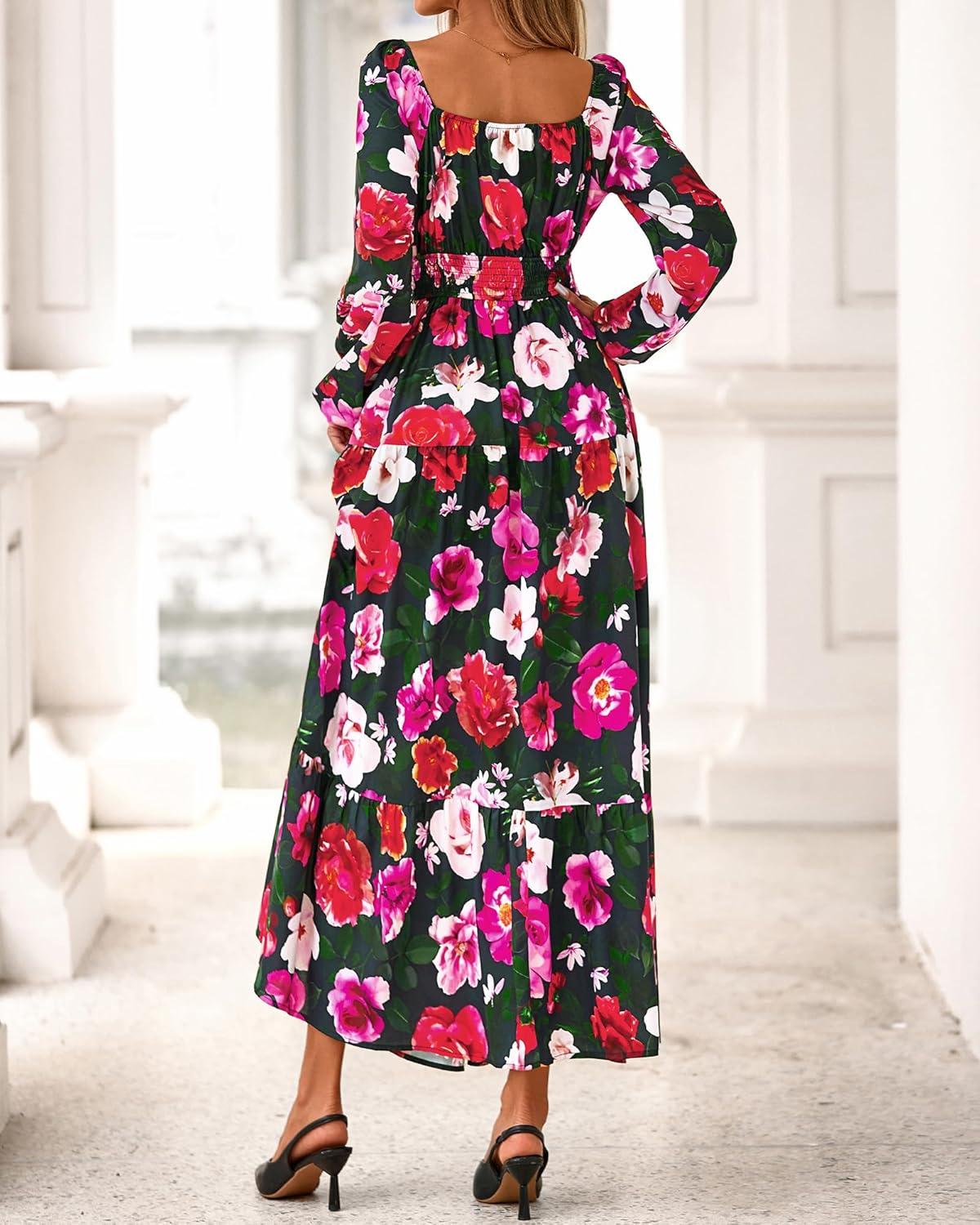 imageBTFBM Fall Dresses for Women 2025 Long Sleeve Boho Floral Empire Waist Square Neck Casual Flowy Wedding Guest Maxi DressFloral Black Multi