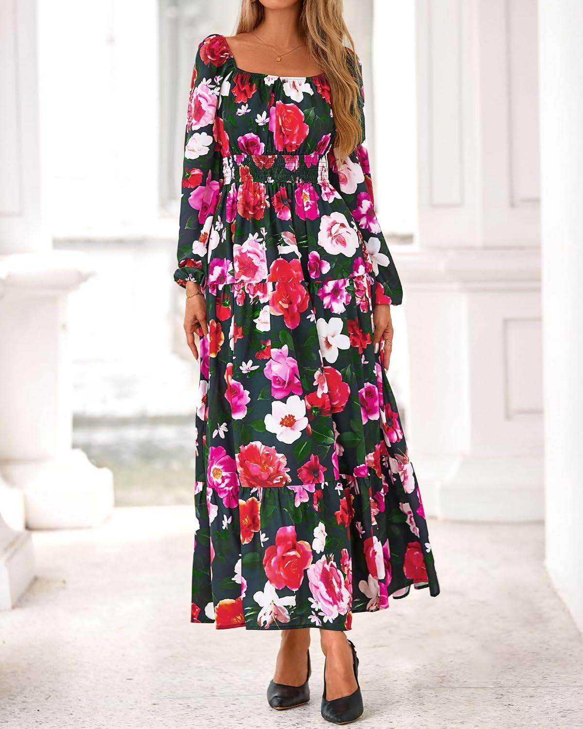 imageBTFBM Fall Dresses for Women 2025 Long Sleeve Boho Floral Empire Waist Square Neck Casual Flowy Wedding Guest Maxi DressFloral Black Multi