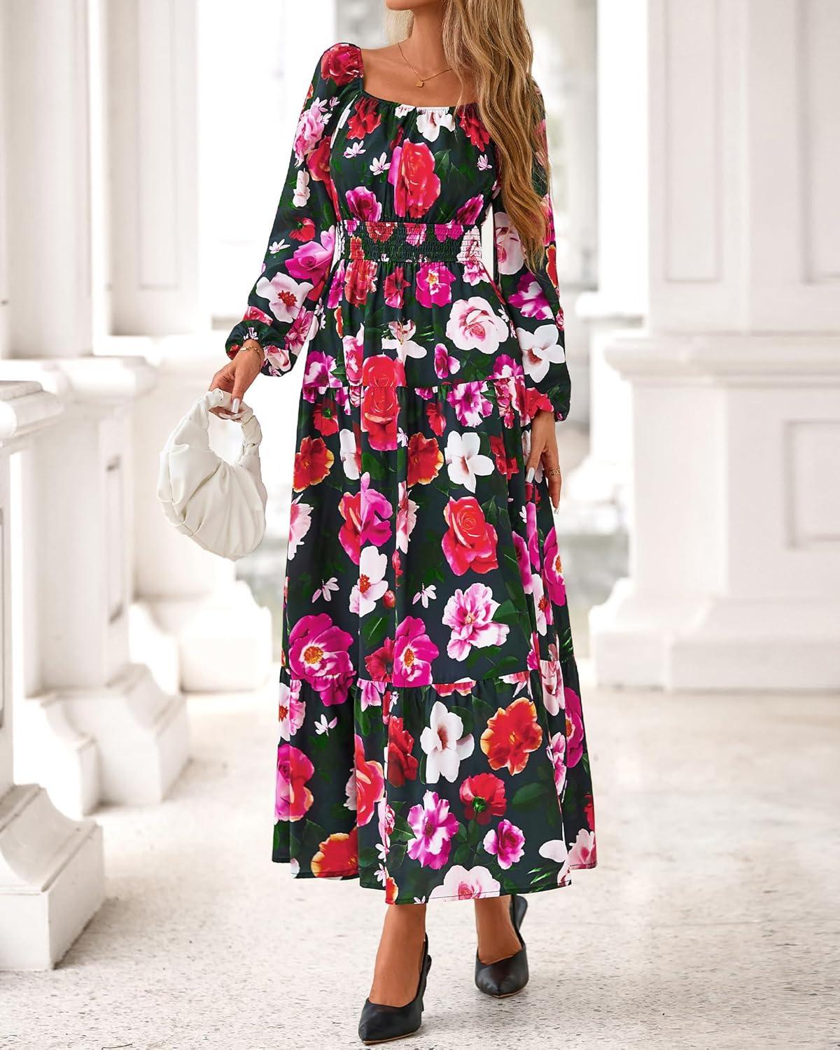 imageBTFBM Fall Dresses for Women 2025 Long Sleeve Boho Floral Empire Waist Square Neck Casual Flowy Wedding Guest Maxi DressFloral Black Multi