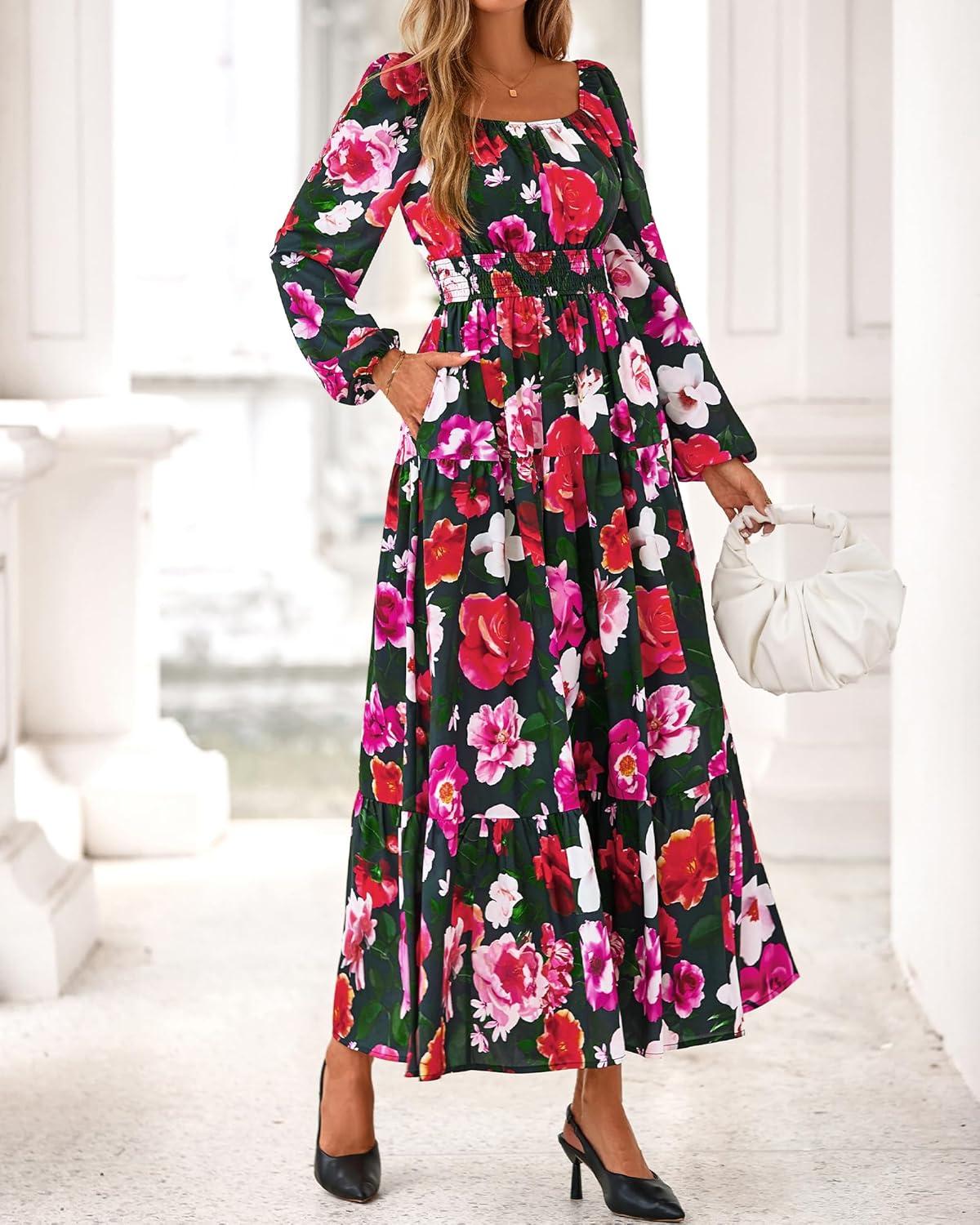 imageBTFBM Fall Dresses for Women 2025 Long Sleeve Boho Floral Empire Waist Square Neck Casual Flowy Wedding Guest Maxi DressFloral Black Multi