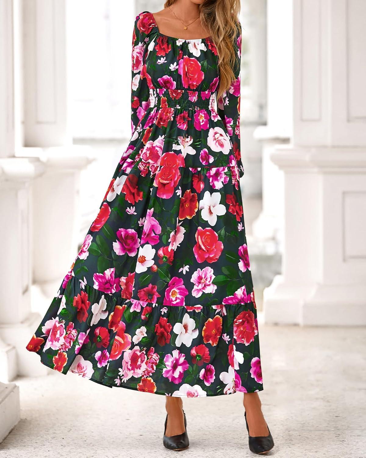 imageBTFBM Fall Dresses for Women 2025 Long Sleeve Boho Floral Empire Waist Square Neck Casual Flowy Wedding Guest Maxi DressFloral Black Multi