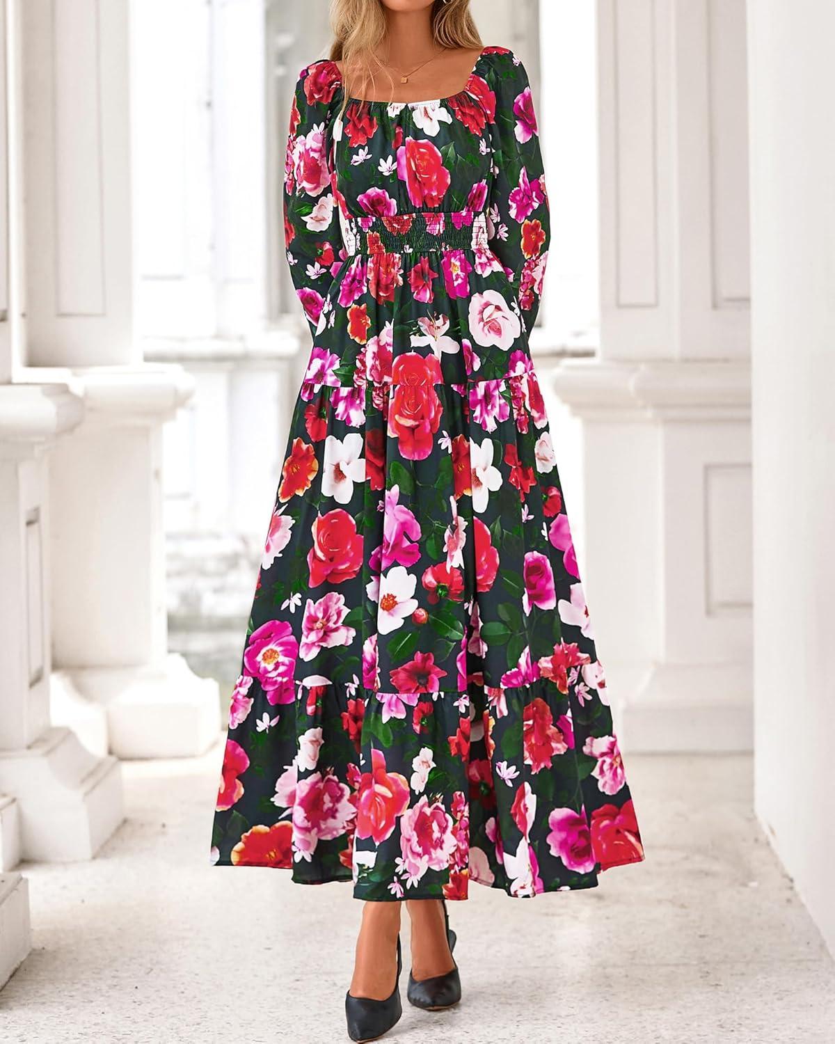 imageBTFBM Fall Dresses for Women 2025 Long Sleeve Boho Floral Empire Waist Square Neck Casual Flowy Wedding Guest Maxi DressFloral Black Multi