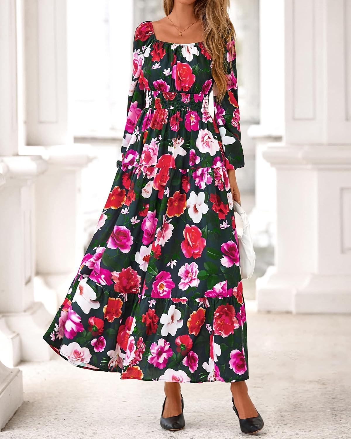 imageBTFBM Fall Dresses for Women 2025 Long Sleeve Boho Floral Empire Waist Square Neck Casual Flowy Wedding Guest Maxi DressFloral Black Multi