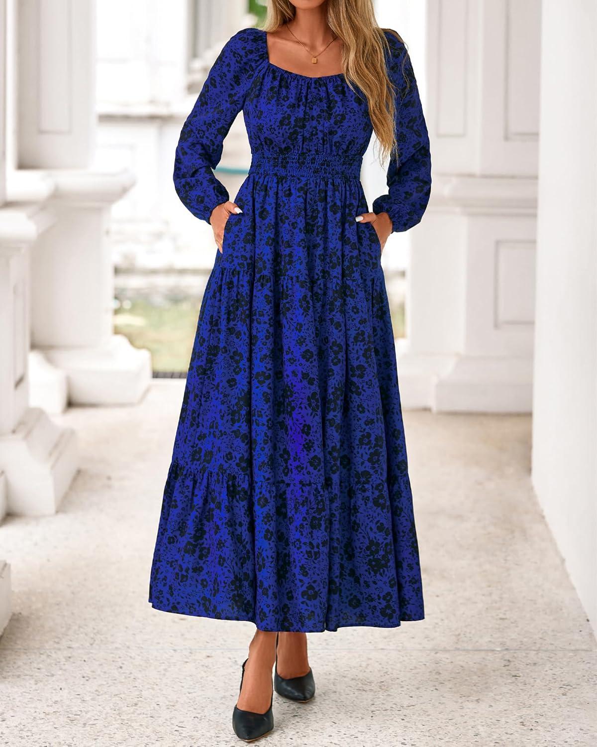 imageBTFBM Fall Dresses for Women 2025 Long Sleeve Boho Floral Empire Waist Square Neck Casual Flowy Wedding Guest Maxi DressFloral Blue Black