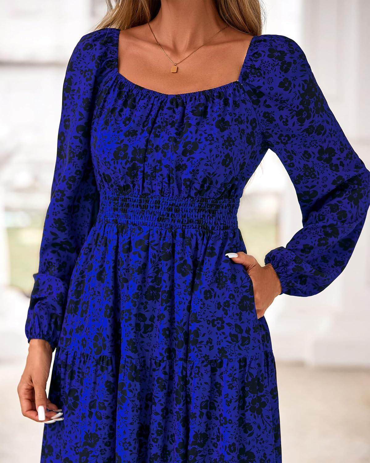imageBTFBM Fall Dresses for Women 2025 Long Sleeve Boho Floral Empire Waist Square Neck Casual Flowy Wedding Guest Maxi DressFloral Blue Black