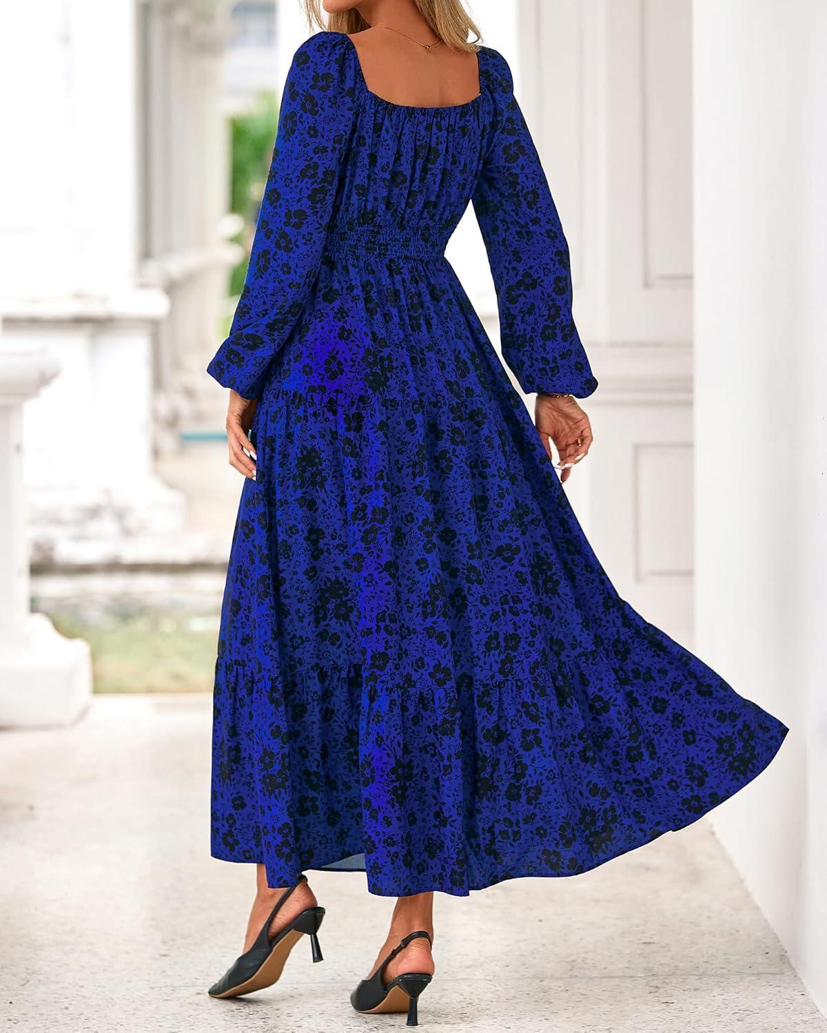 imageBTFBM Fall Dresses for Women 2025 Long Sleeve Boho Floral Empire Waist Square Neck Casual Flowy Wedding Guest Maxi DressFloral Blue Black