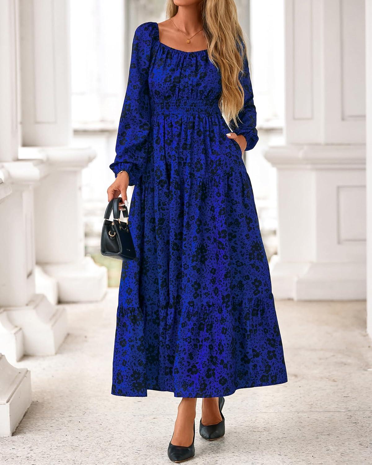 imageBTFBM Fall Dresses for Women 2025 Long Sleeve Boho Floral Empire Waist Square Neck Casual Flowy Wedding Guest Maxi DressFloral Blue Black