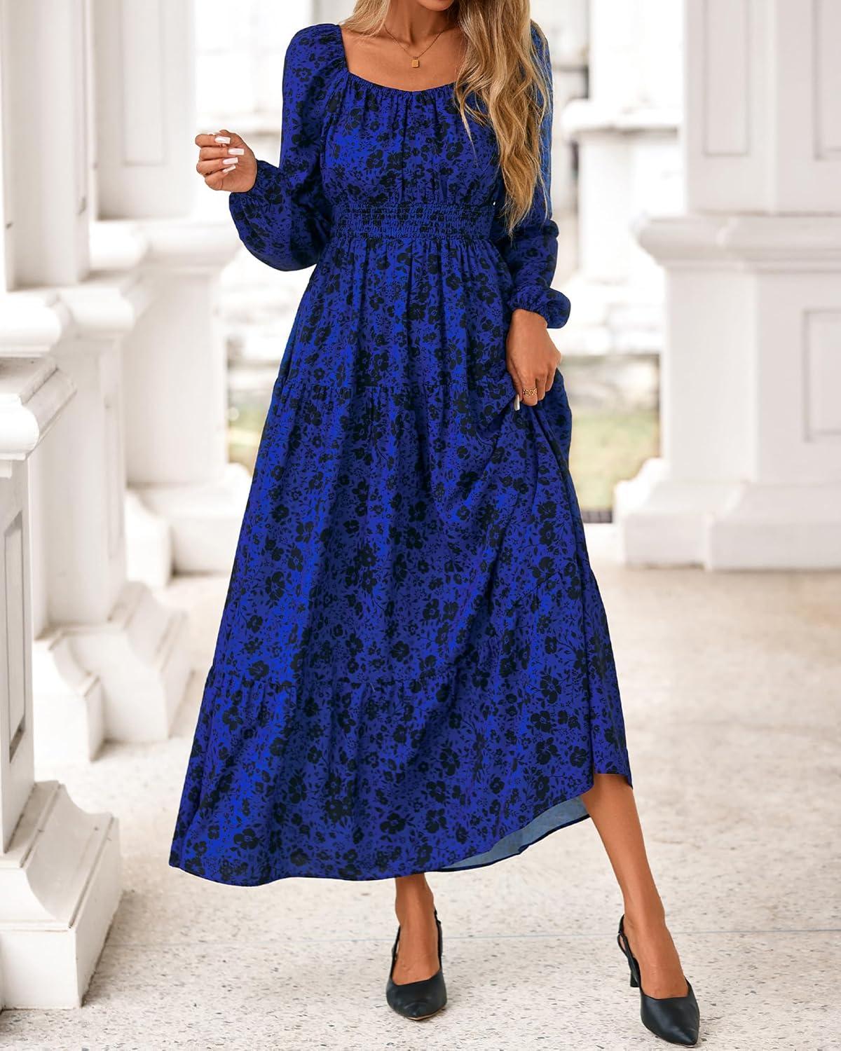 imageBTFBM Fall Dresses for Women 2025 Long Sleeve Boho Floral Empire Waist Square Neck Casual Flowy Wedding Guest Maxi DressFloral Blue Black