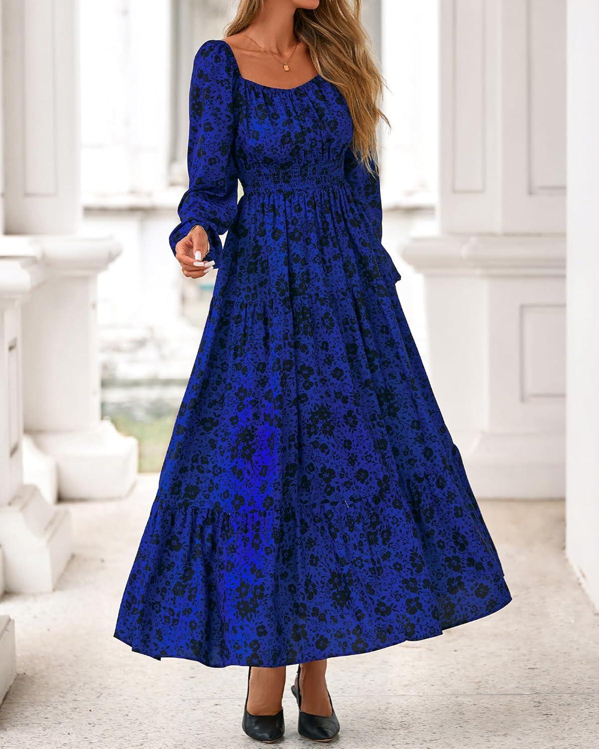 imageBTFBM Fall Dresses for Women 2025 Long Sleeve Boho Floral Empire Waist Square Neck Casual Flowy Wedding Guest Maxi DressFloral Blue Black