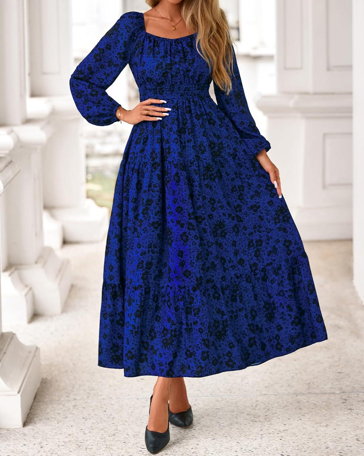 imageBTFBM Fall Dresses for Women 2025 Long Sleeve Boho Floral Empire Waist Square Neck Casual Flowy Wedding Guest Maxi DressFloral Blue Black