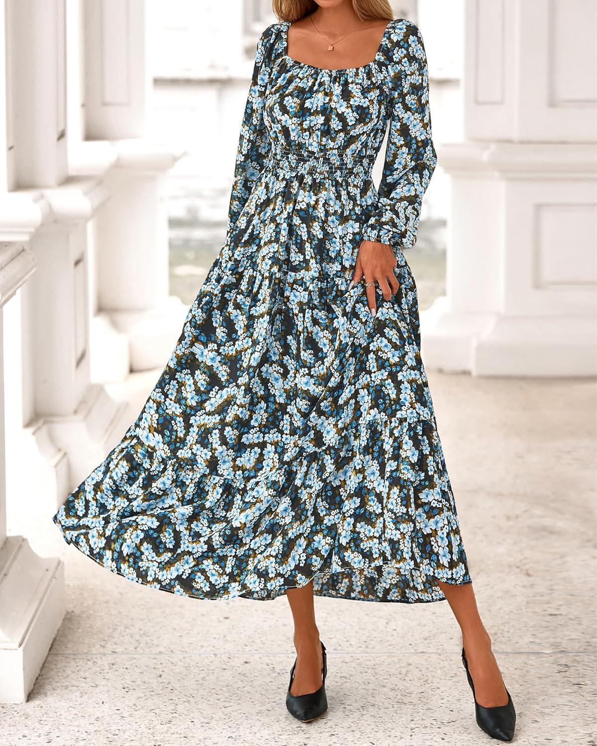 imageBTFBM Fall Dresses for Women 2025 Long Sleeve Boho Floral Empire Waist Square Neck Casual Flowy Wedding Guest Maxi DressFloral Blue Yellow