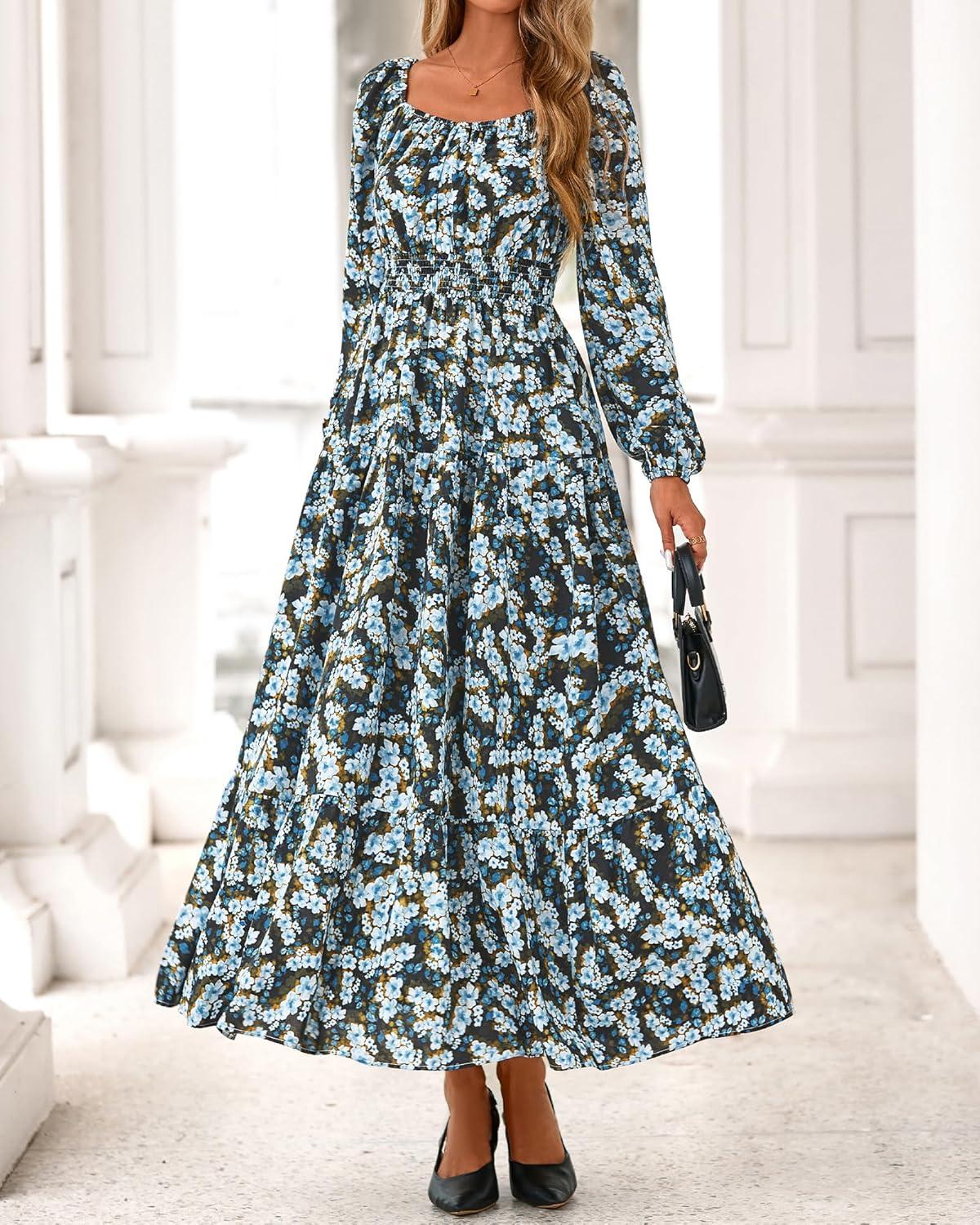 imageBTFBM Fall Dresses for Women 2025 Long Sleeve Boho Floral Empire Waist Square Neck Casual Flowy Wedding Guest Maxi DressFloral Blue Yellow