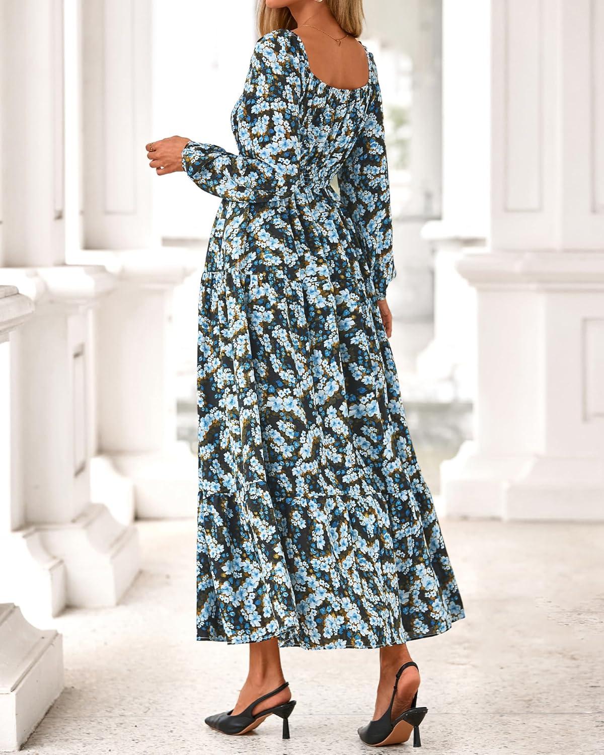 imageBTFBM Fall Dresses for Women 2025 Long Sleeve Boho Floral Empire Waist Square Neck Casual Flowy Wedding Guest Maxi DressFloral Blue Yellow